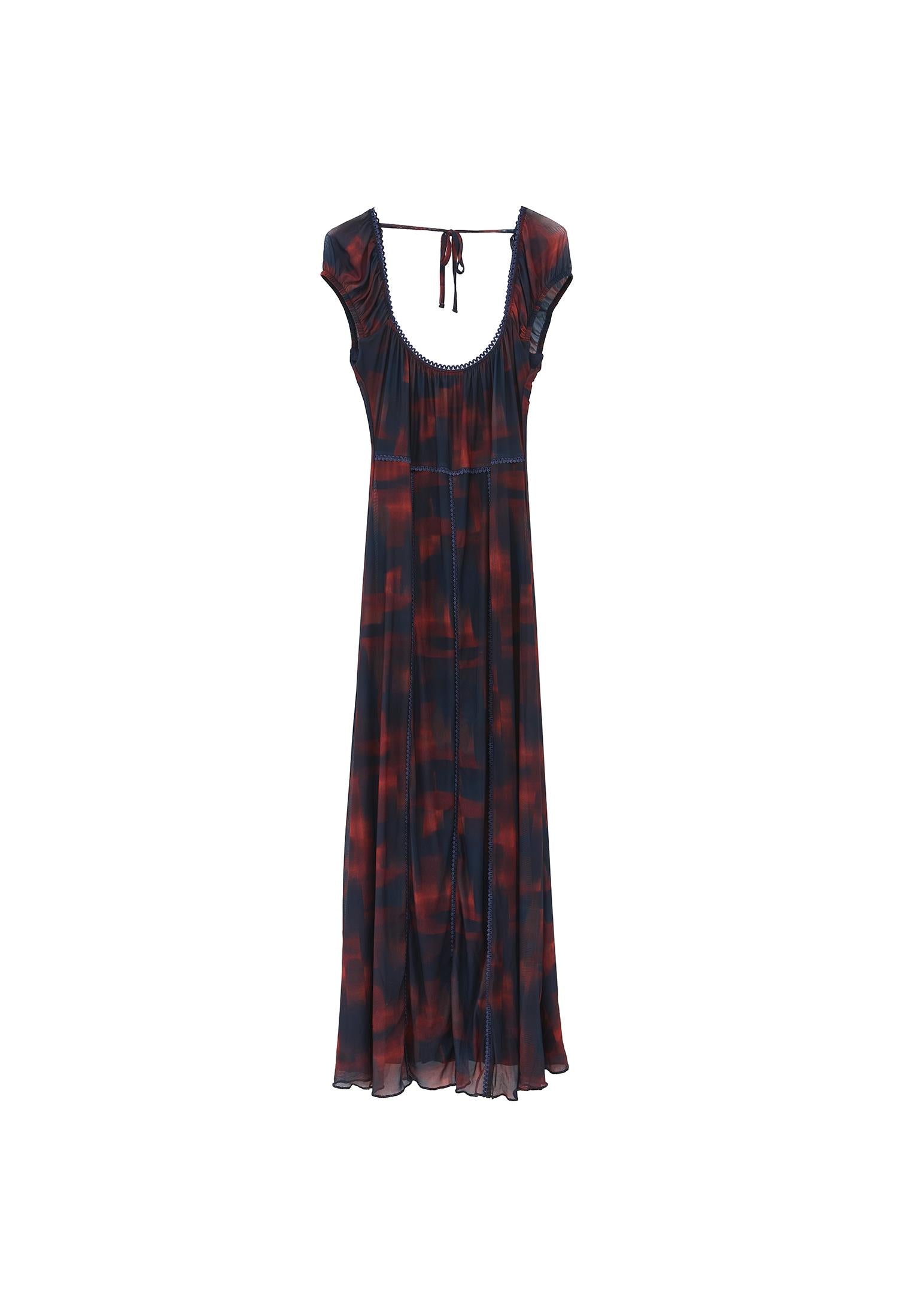Flared Square Neck Long Dress - PLAID COMB