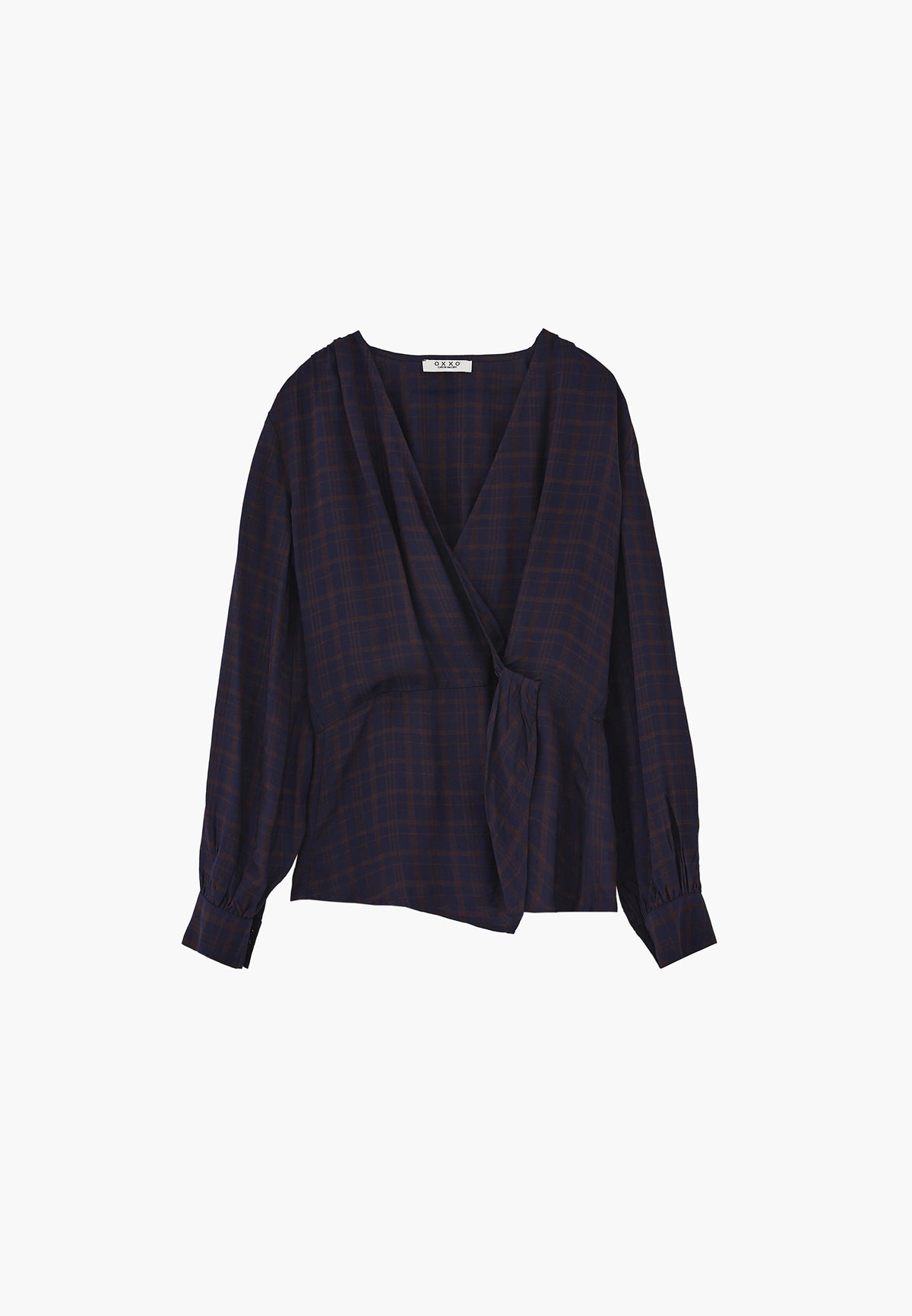 V-neck balloon sleeve long sleeve blouse - PLAID COMB