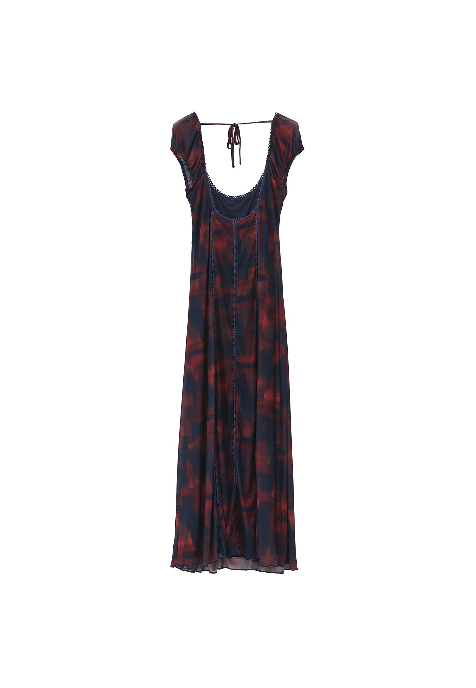 Flared Square Neck Long Dress - PLAID COMB