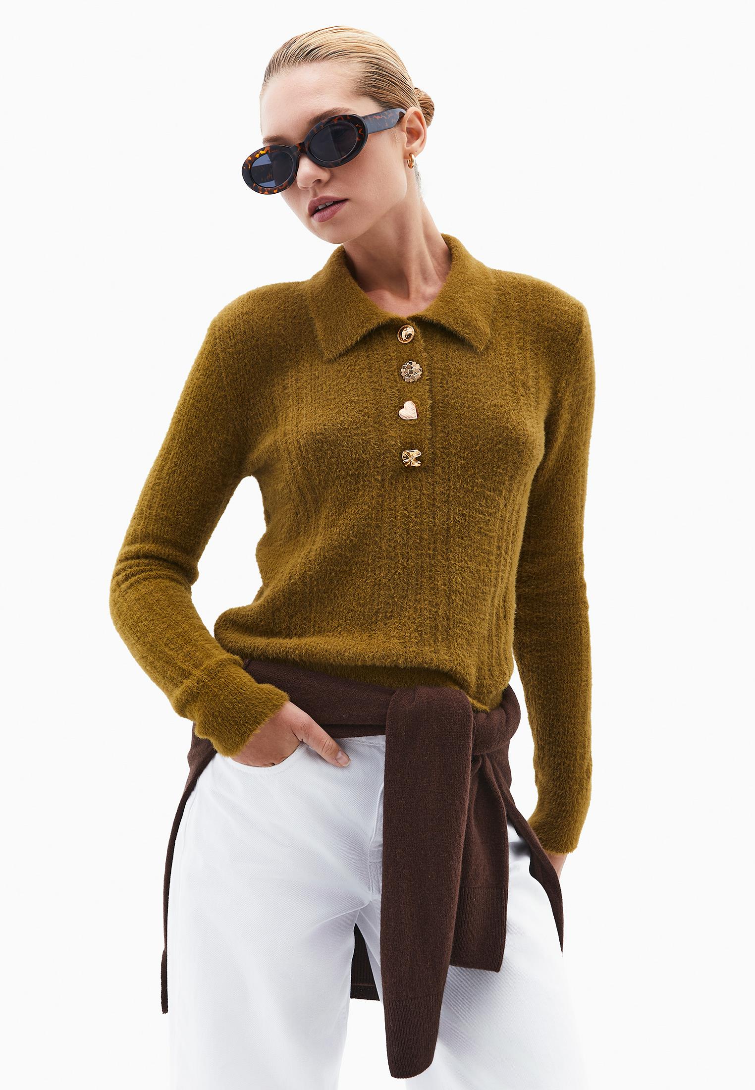 Sweater With Polo Collar And Knit Details - PLANTATION