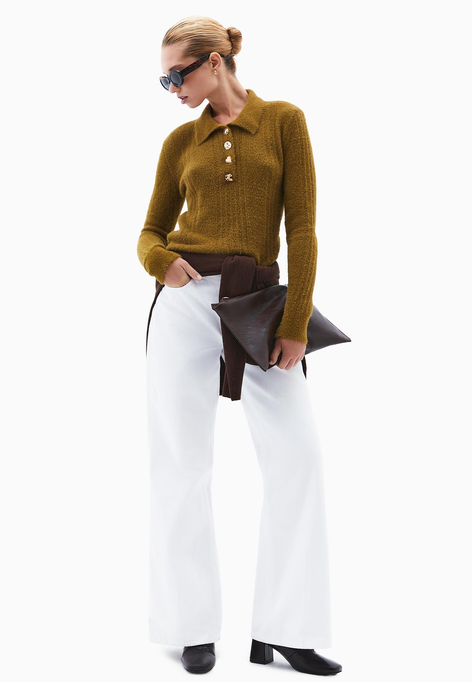 Sweater With Polo Collar And Knit Details - PLANTATION