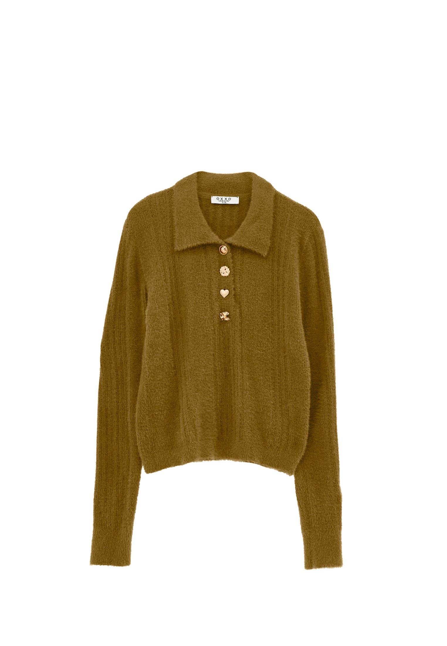 Sweater With Polo Collar And Knit Details - PLANTATION