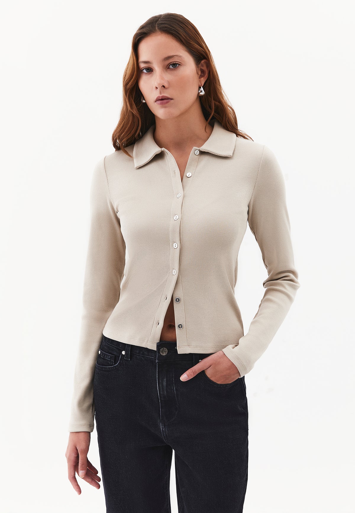 Button Detailed Polo Neck Long Sleeve T-Shirt - PLAZA TAUPE