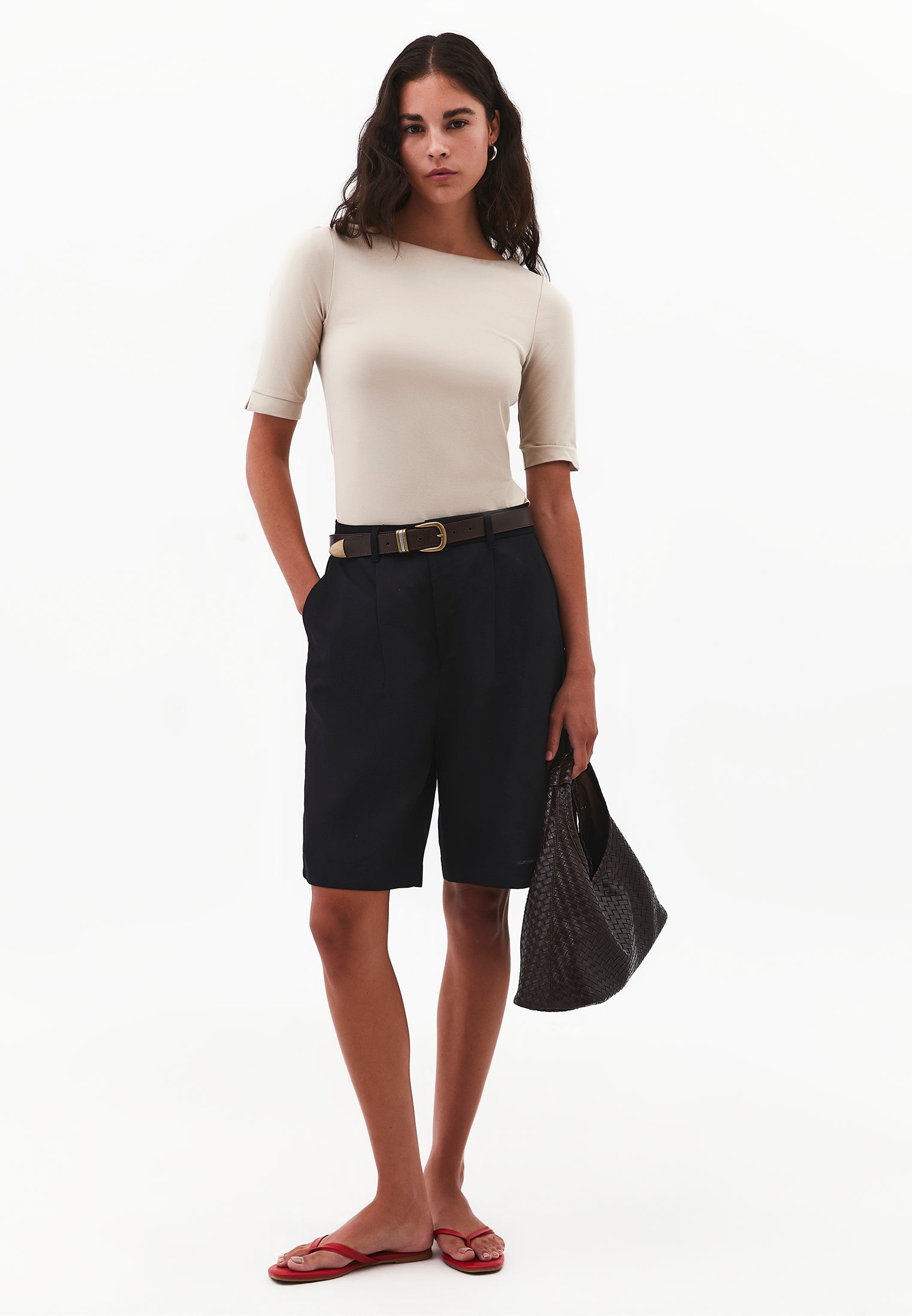 Boat Neck Half Sleeve Bodycon T-Shirt - PLAZA TAUPE