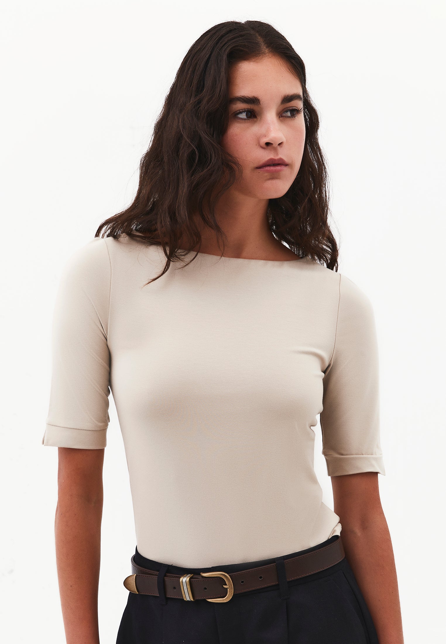 Boat Neck Half Sleeve Bodycon T-Shirt - PLAZA TAUPE