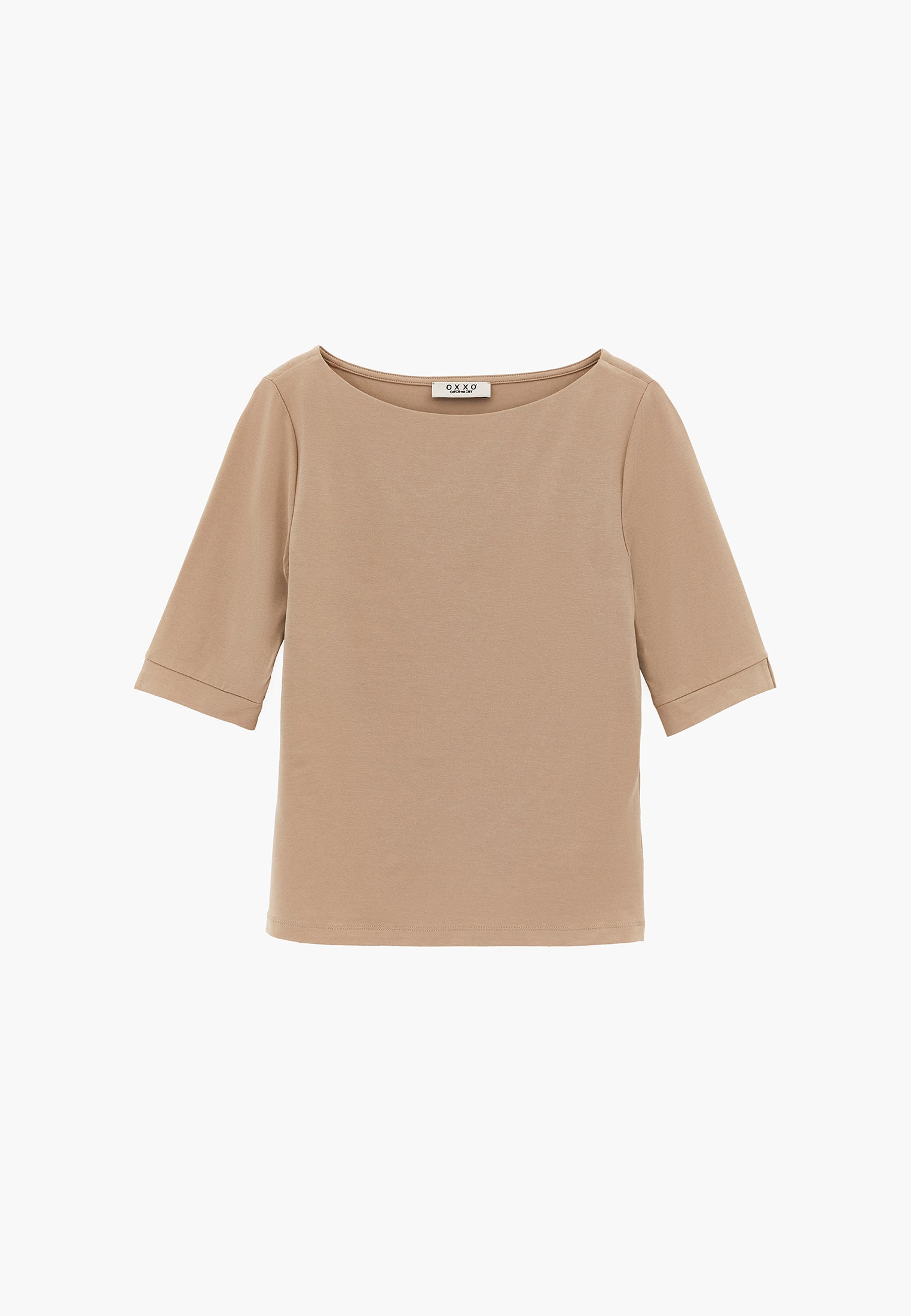Boat Neck Half Sleeve Bodycon T-Shirt - PLAZA TAUPE