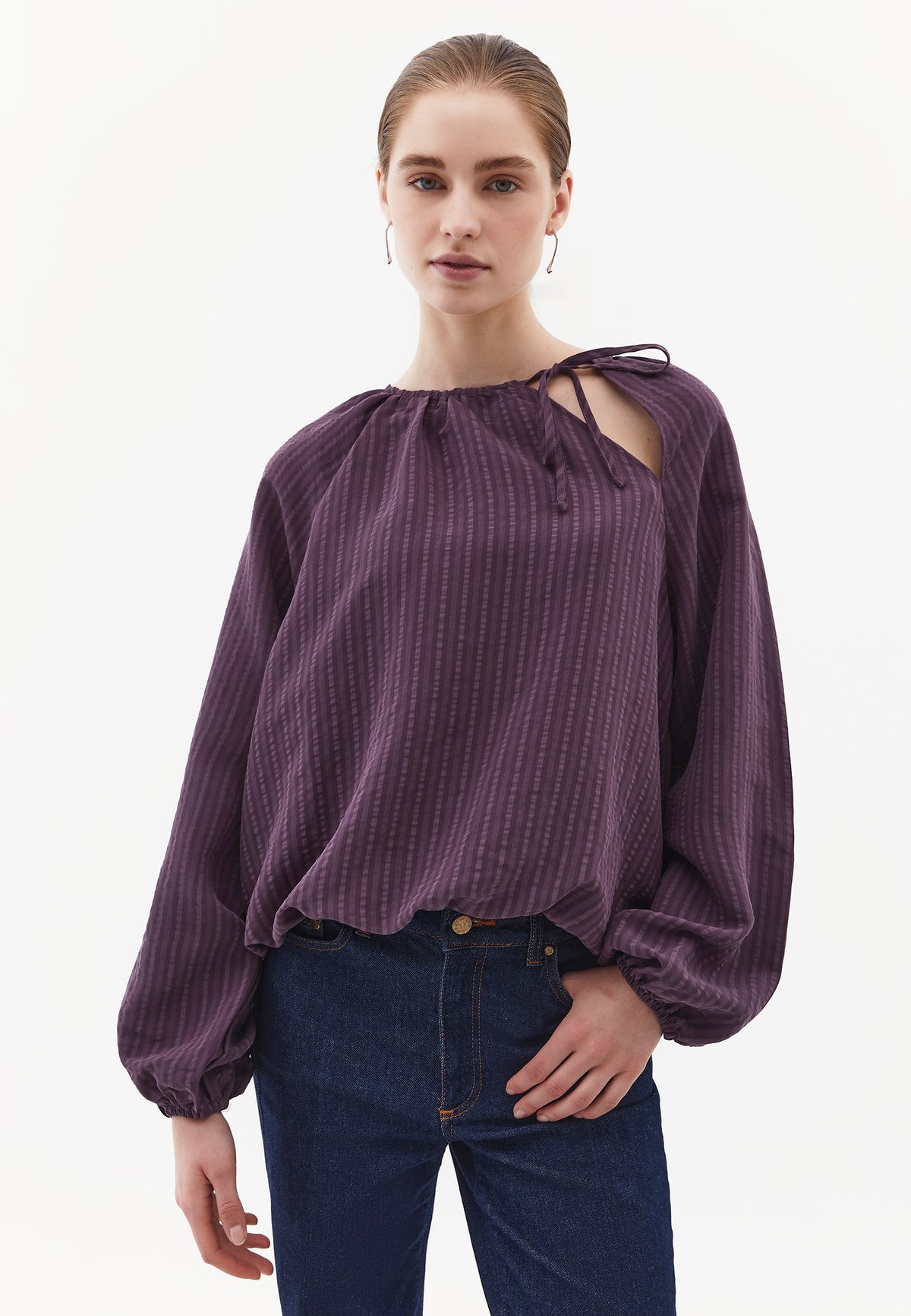Balloon Shape High Neck Long Sleeve Blouse - PLUM PERFECT