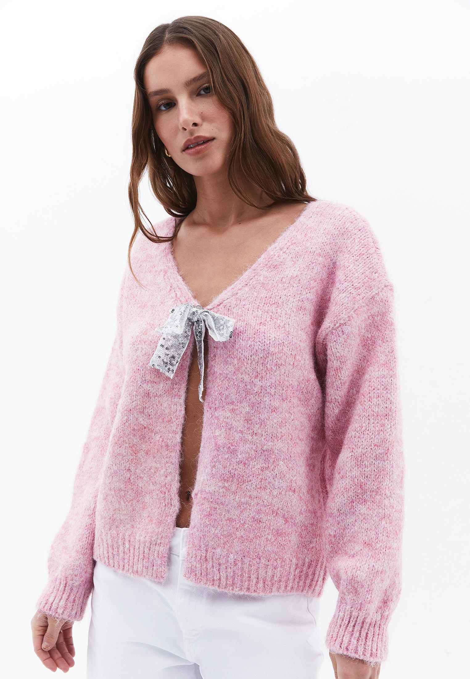 Bow Detailed V Neck Long Sleeve Cardigan - POLIGNAC MELANGE