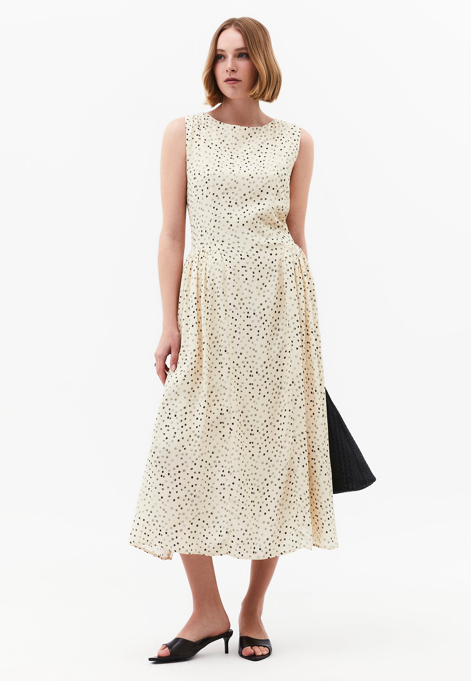 Ruched Boat Neck A-Line Midi Dress - POLKA DOT PRINT