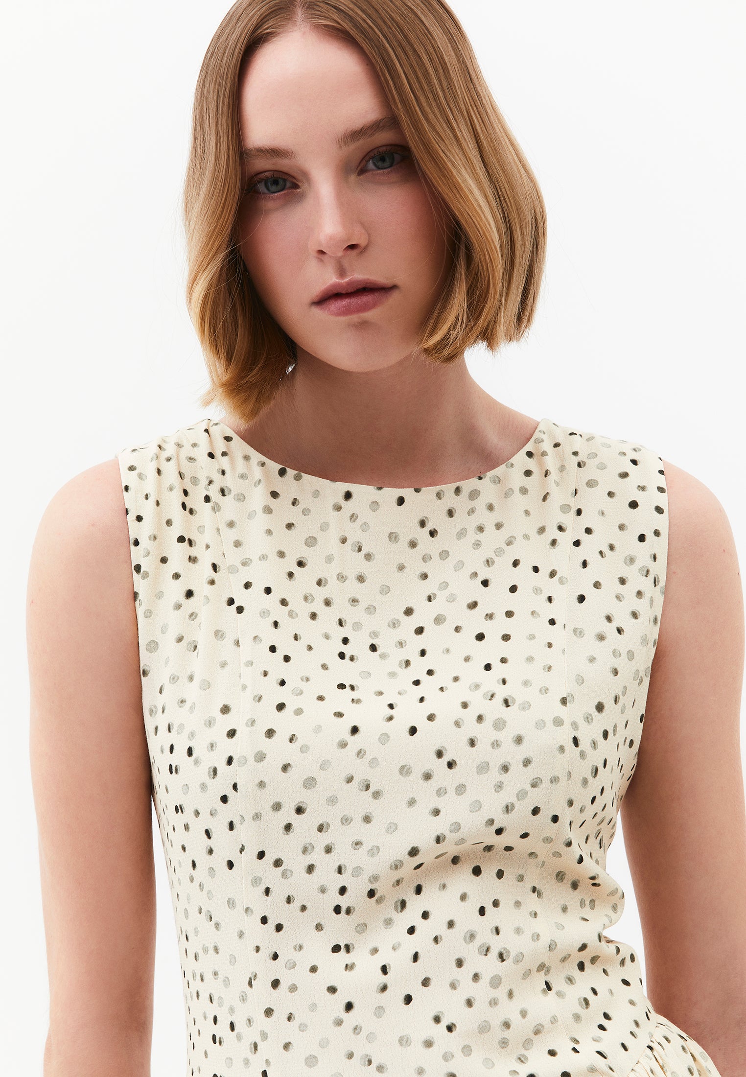 Ruched Boat Neck A-Line Midi Dress - POLKA DOT PRINT