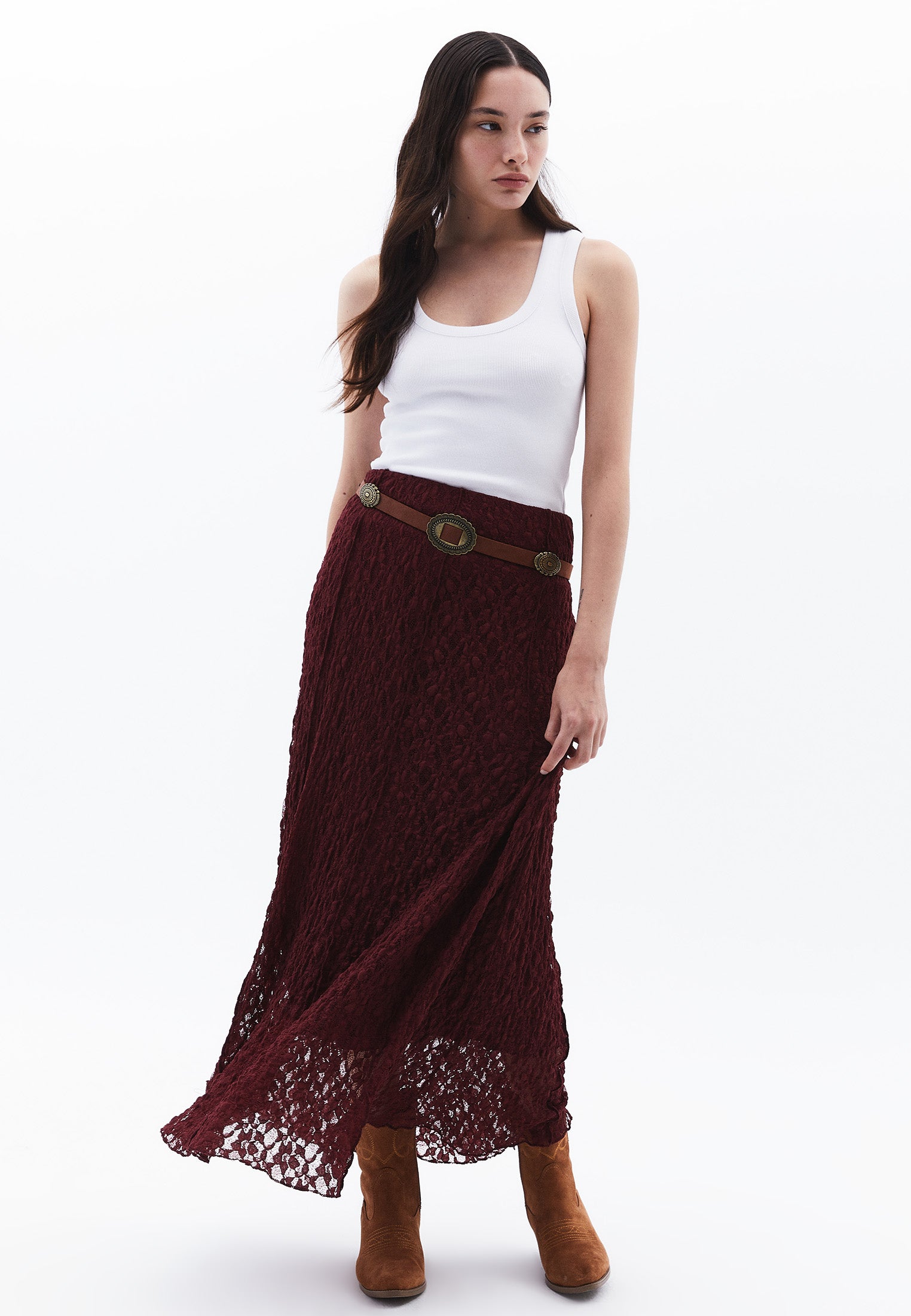 High Waist Elastic Long A-Line Skirt - PORT ROYALE