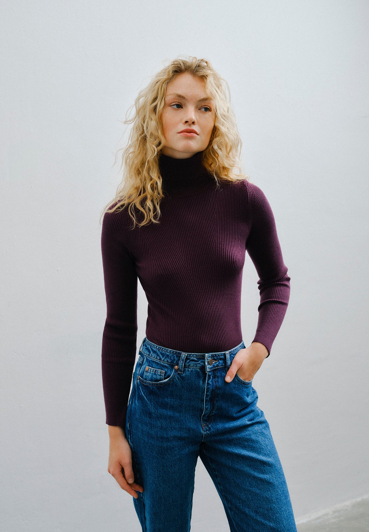 Ribbed Raglan Sleeve Turtleneck Sweater - POTENT PURPLE