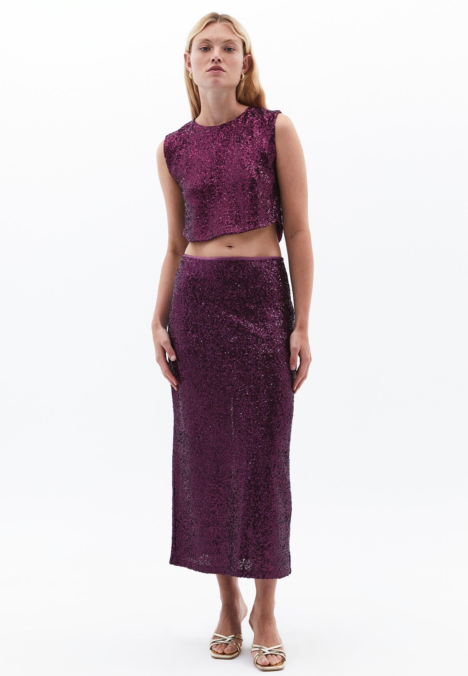 Midi Straight Skirt With Sequin And Slit Detail - POTENT PURPLE