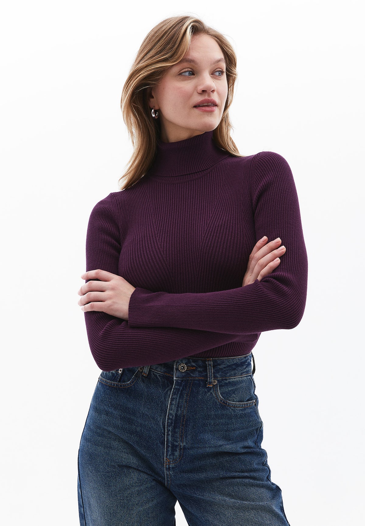 Ribbed Raglan Sleeve Turtleneck Sweater - POTENT PURPLE