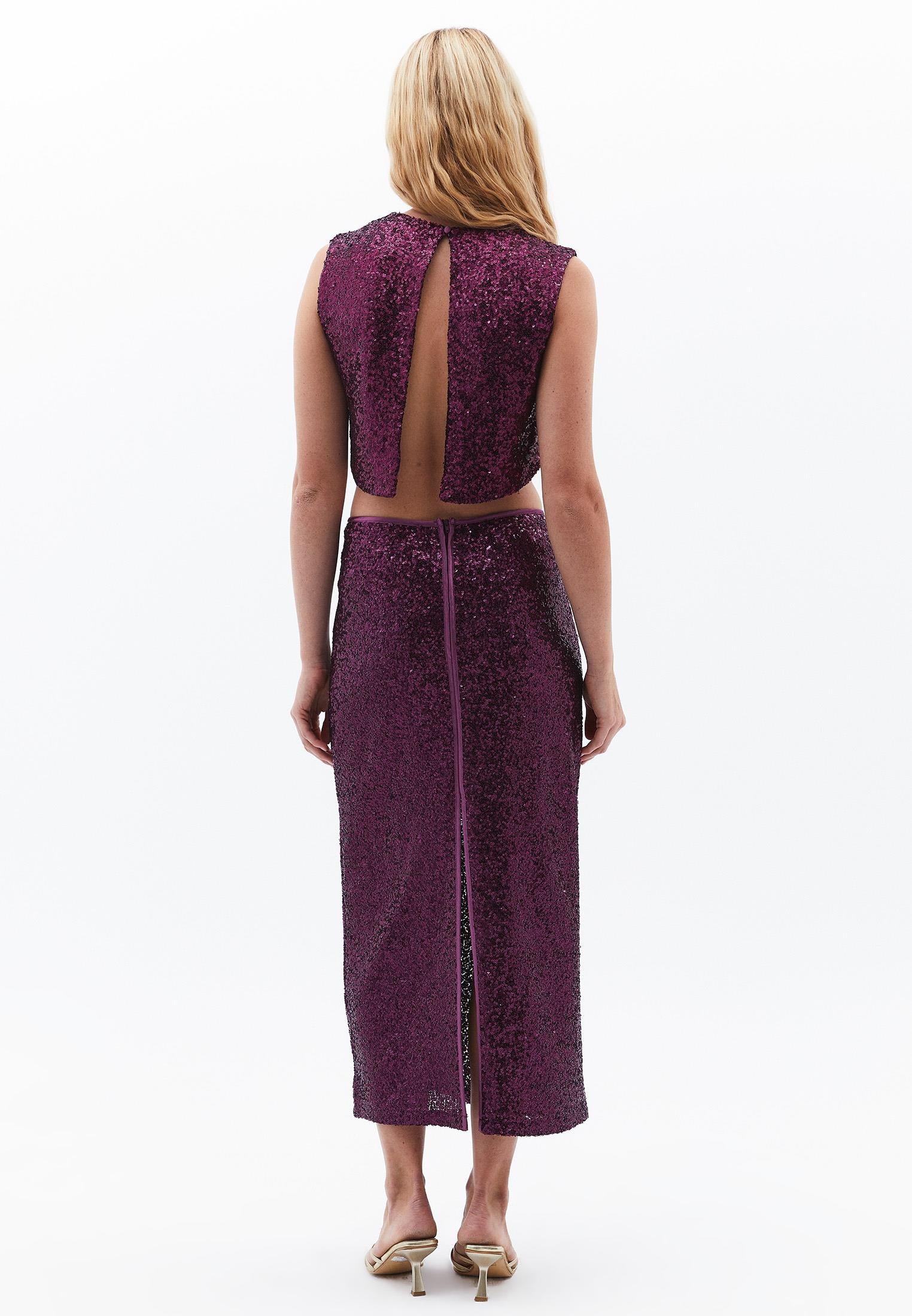 Midi Straight Skirt With Sequin And Slit Detail - POTENT PURPLE
