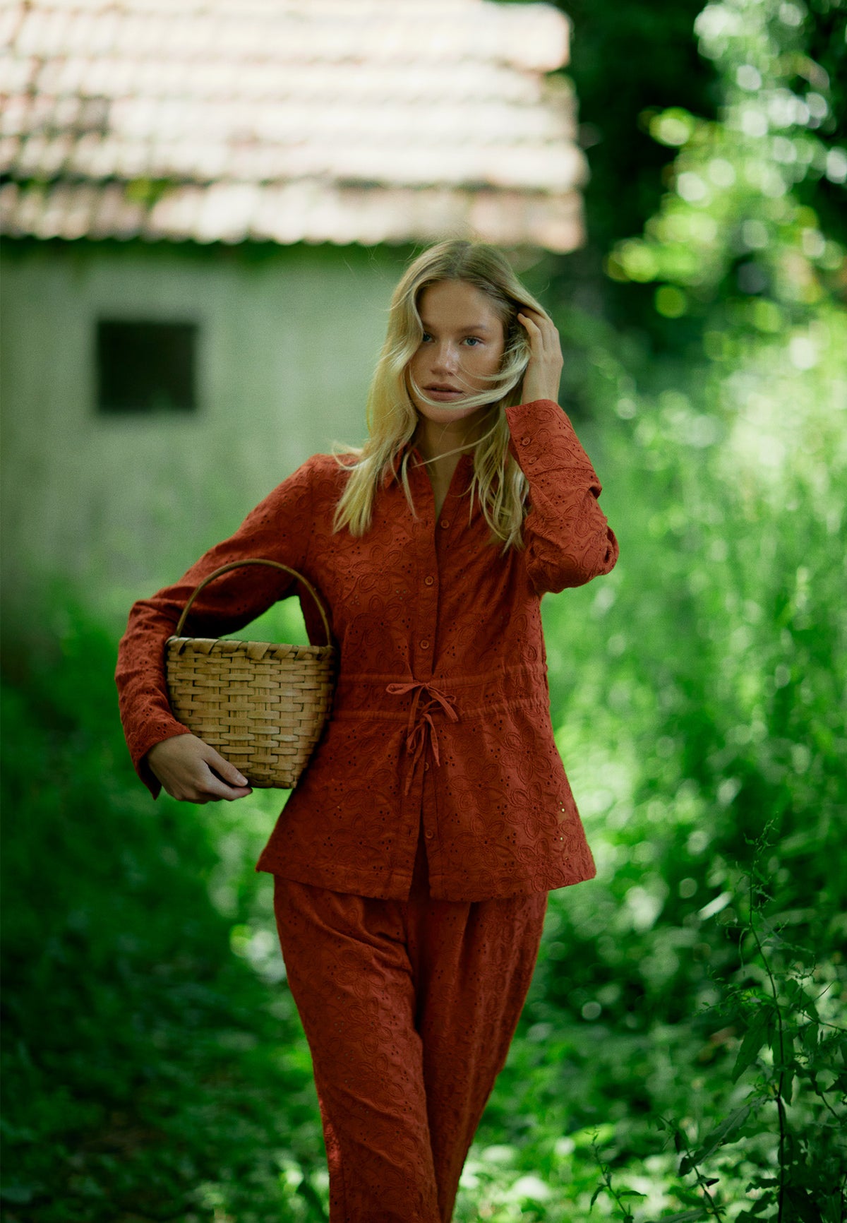 Embroidered And Shirred Long Sleeve Shirt - POTTERS CLAY