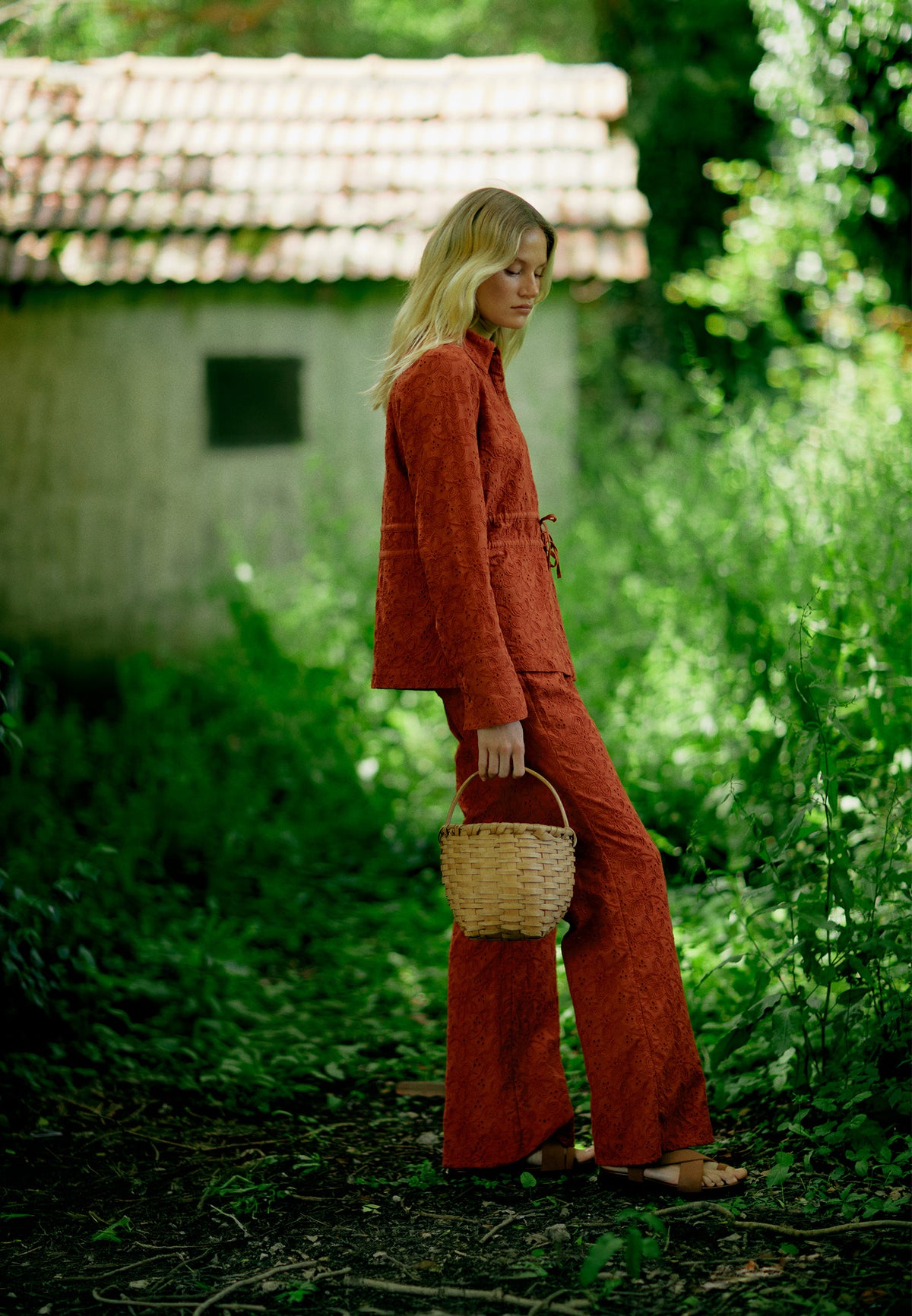 Embroidered And Shirred Long Sleeve Shirt - POTTERS CLAY