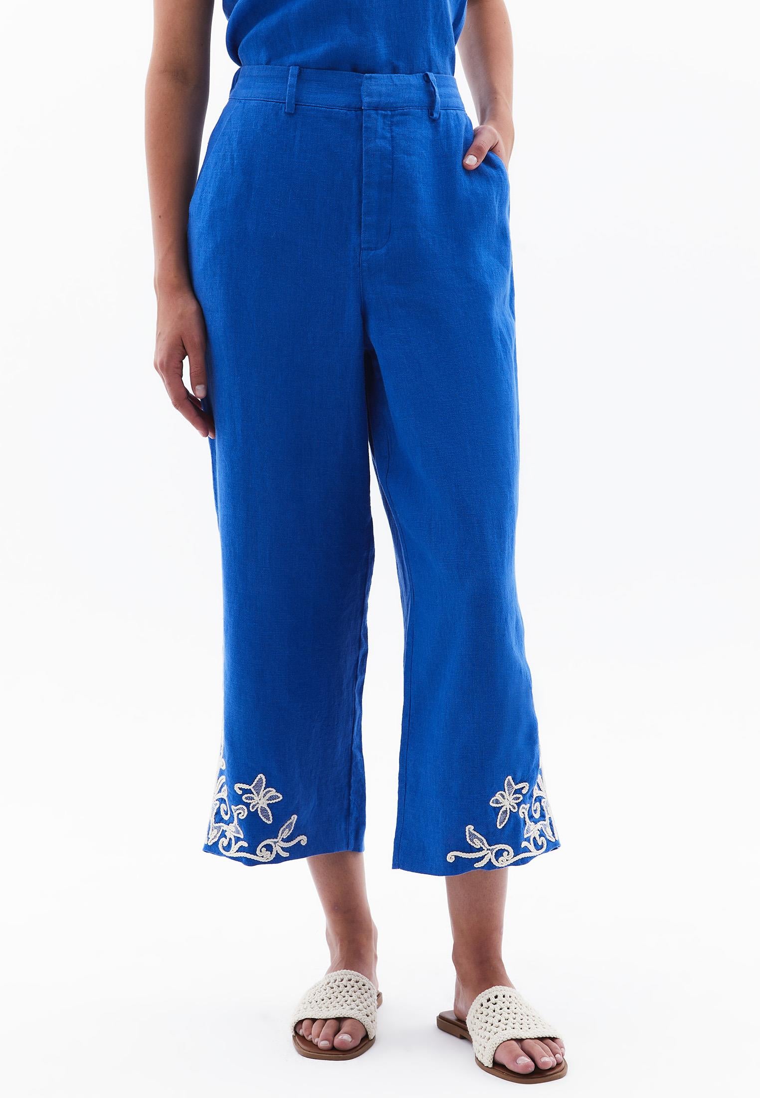 Ultra High Waist Embroidered Straight Leg Pants - PRINCESS BLUE