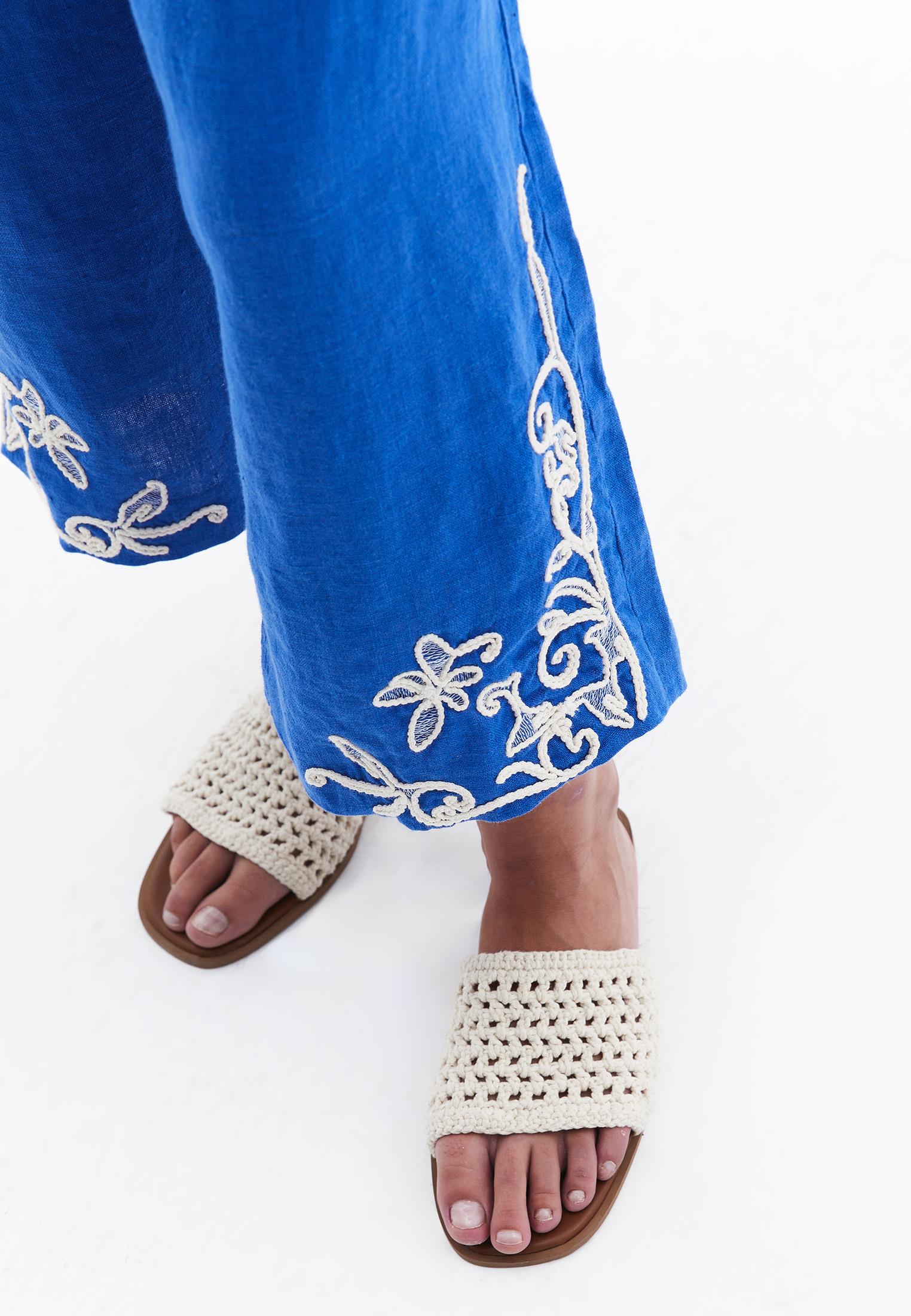 Ultra High Waist Embroidered Straight Leg Pants - PRINCESS BLUE