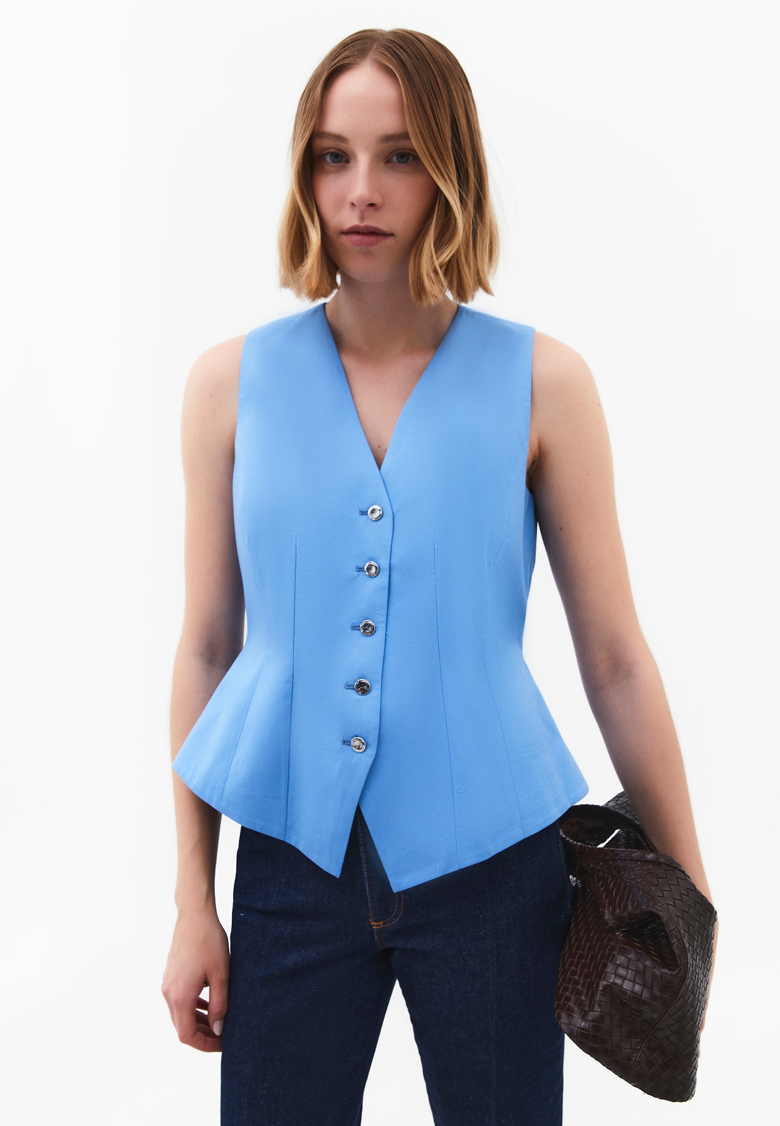 V Neck Button Detailed Sleeveless Vest - PROVENCE