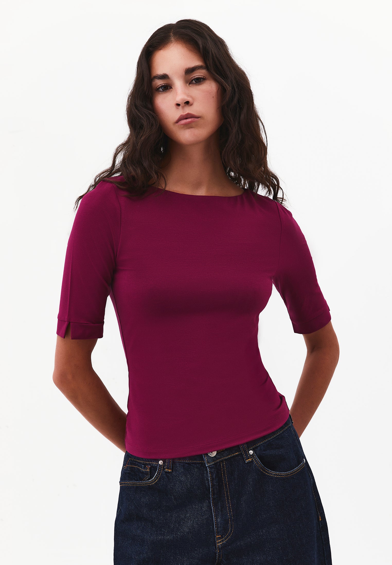 Boat Neck Half Sleeve Bodycon T-Shirt - PURPLE POTION