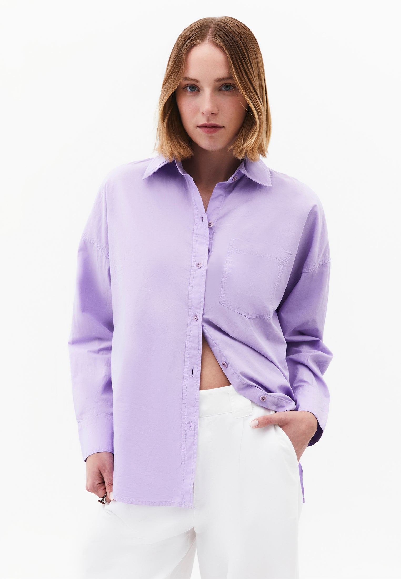 Oversized Long-Sleeve Shirt with Pocket Detail - PURPLE ROSE