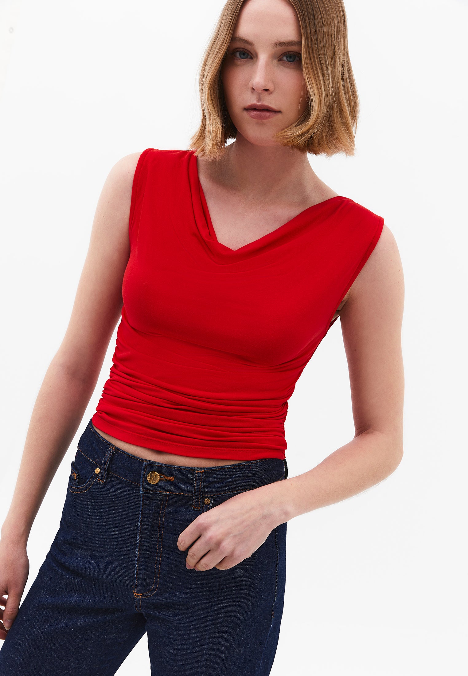 Cowl Neck Bodycon Tank Top - RACING RED
