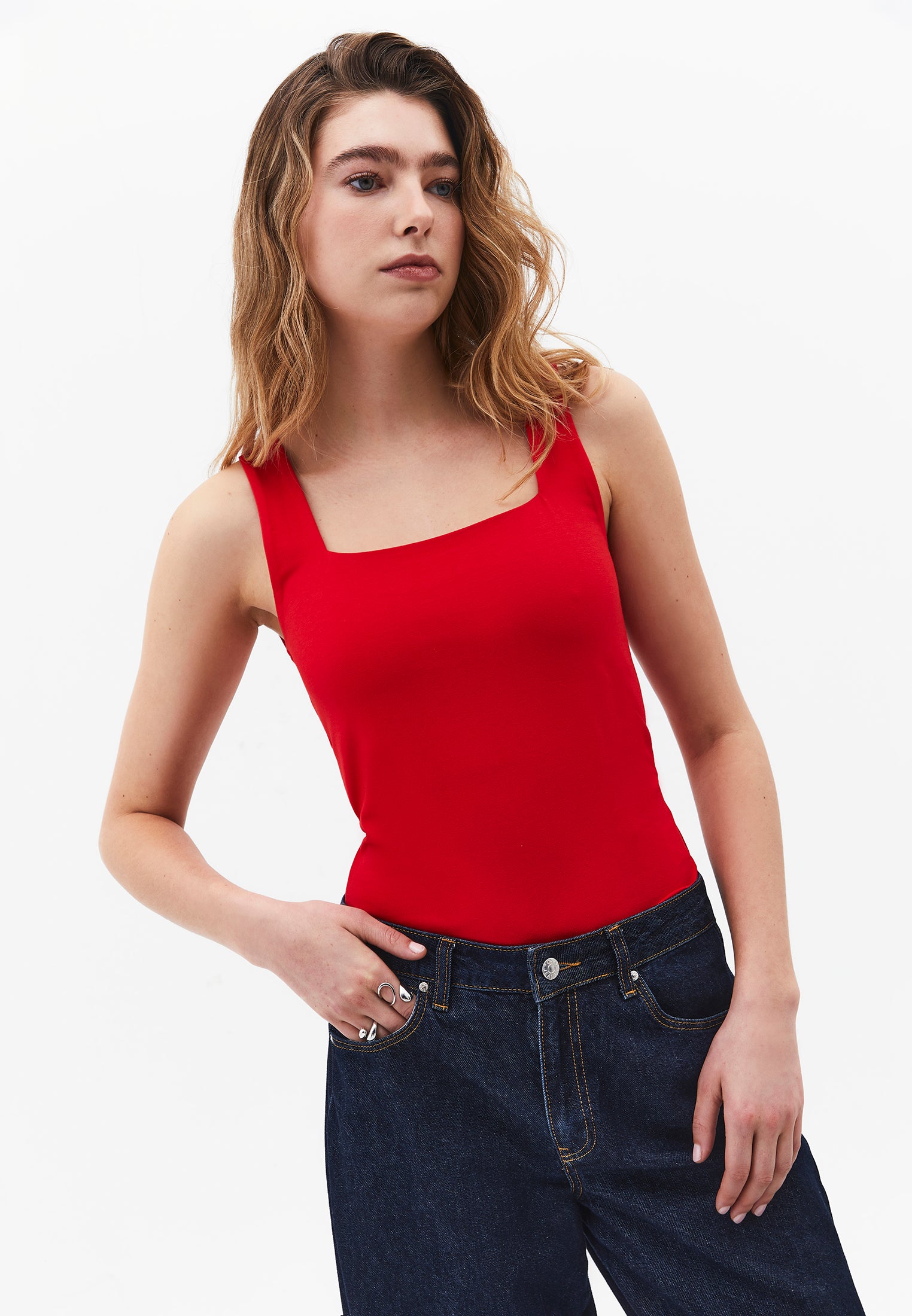 Square Neck Bodycon Tank Top - RACING RED