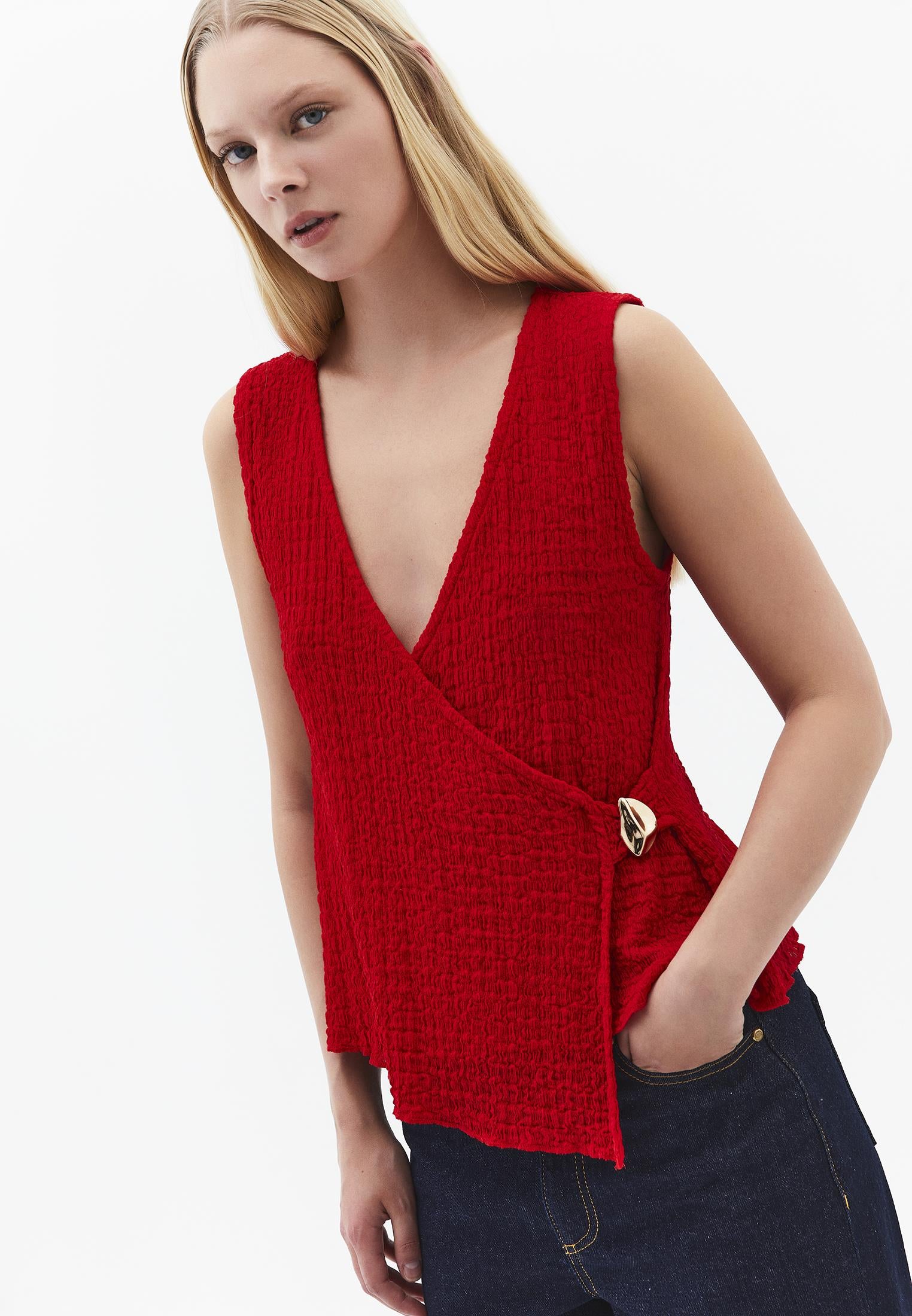 V Neck Blouse Without Sleeve Detail - RACING RED