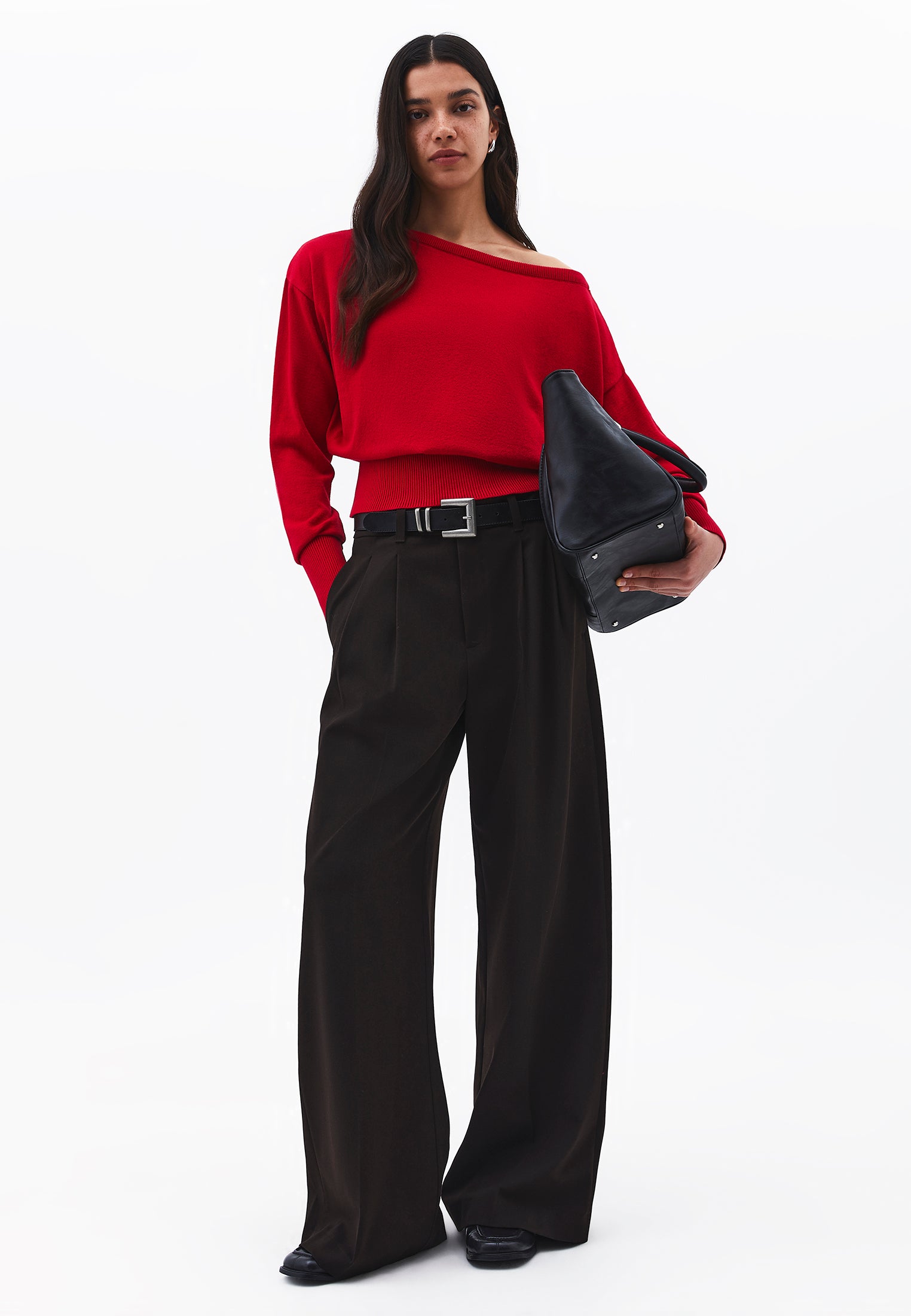 Boat Neck Long Sleeve Sweater - RACING RED