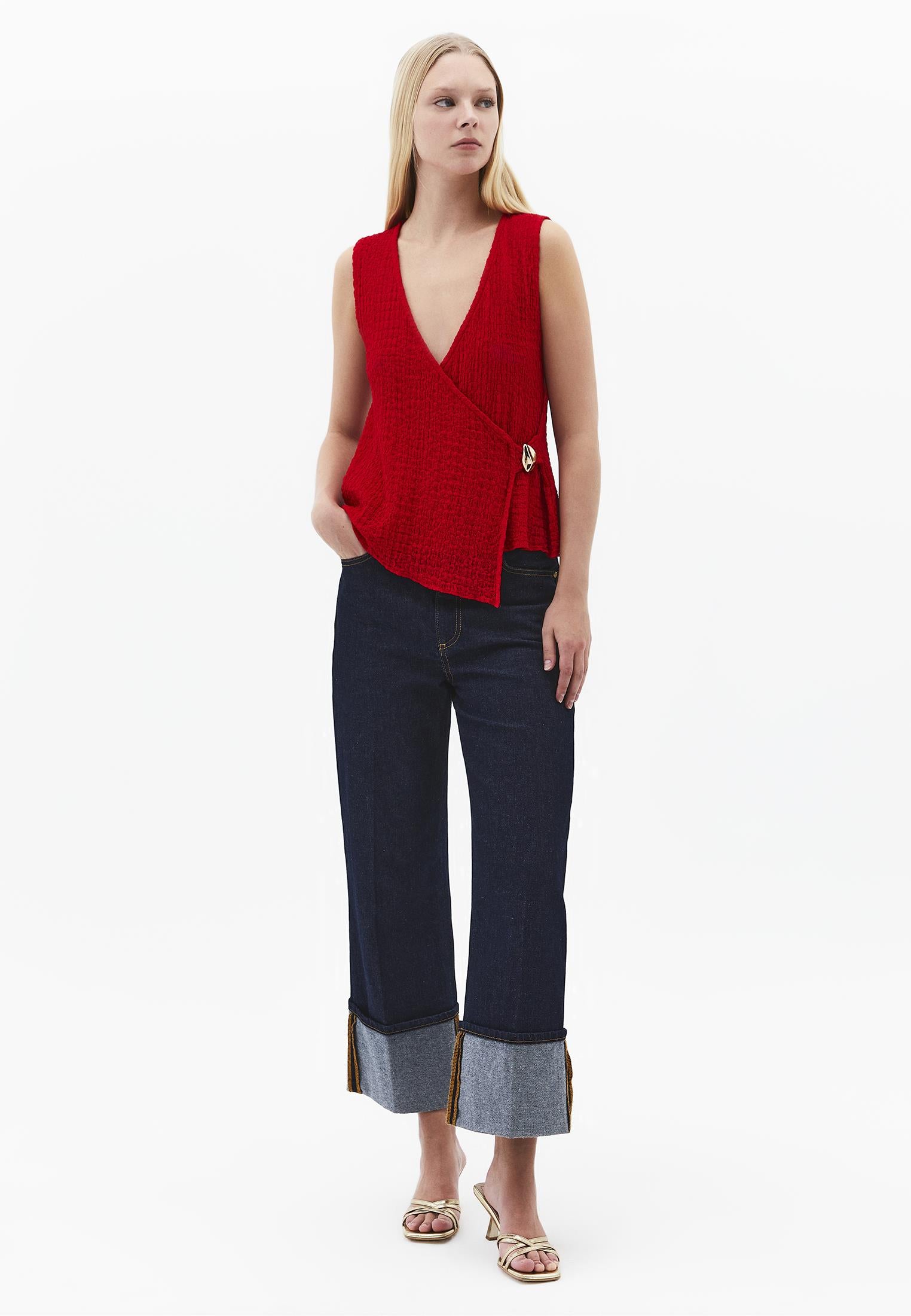 V Neck Blouse Without Sleeve Detail - RACING RED