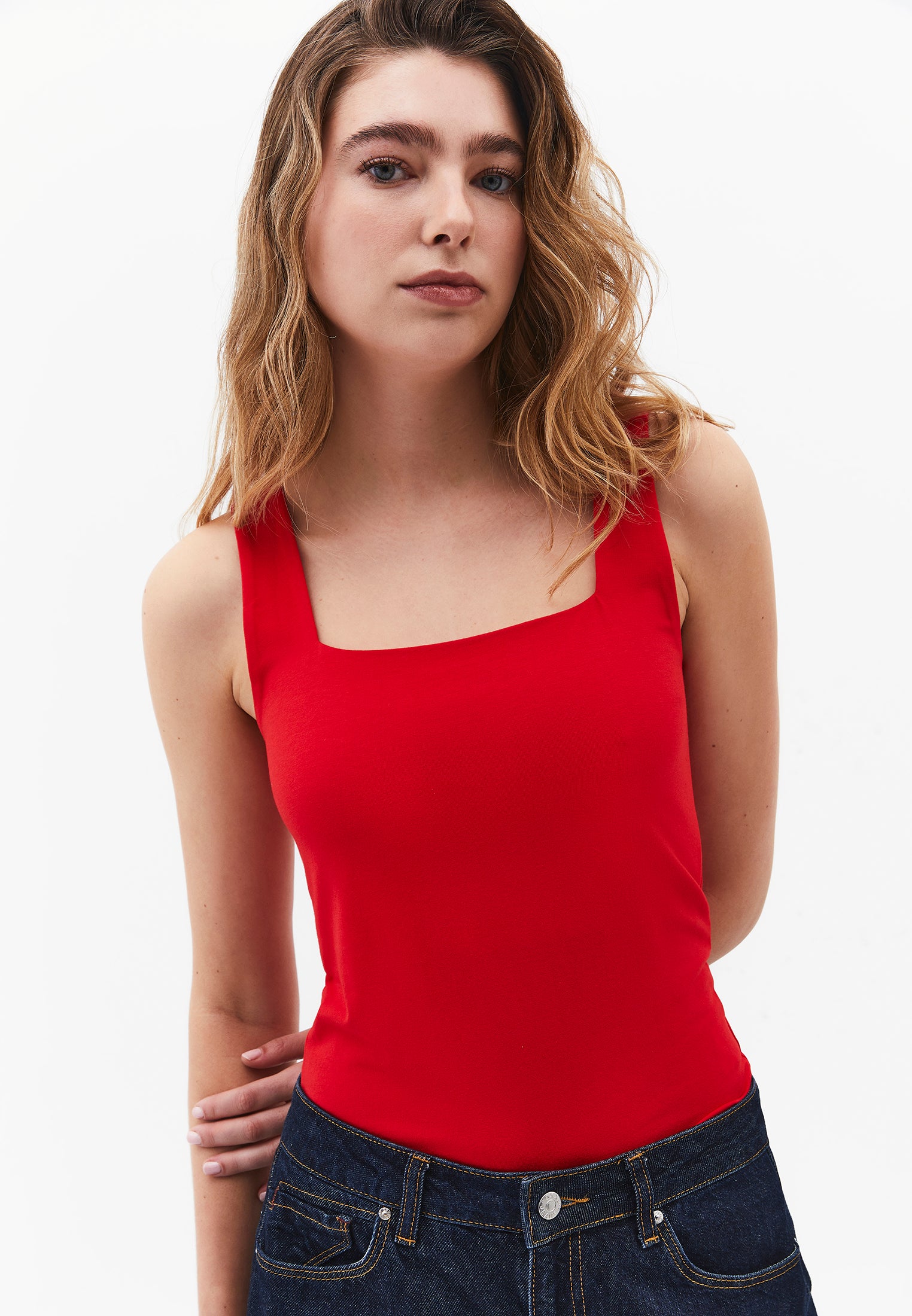 Square Neck Bodycon Tank Top - RACING RED