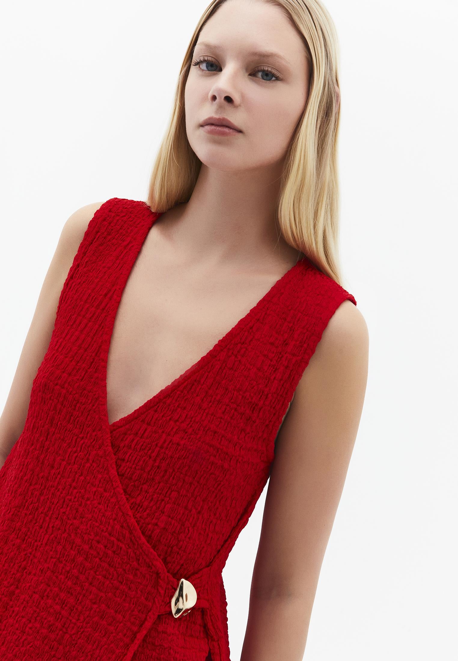 V Neck Blouse Without Sleeve Detail - RACING RED