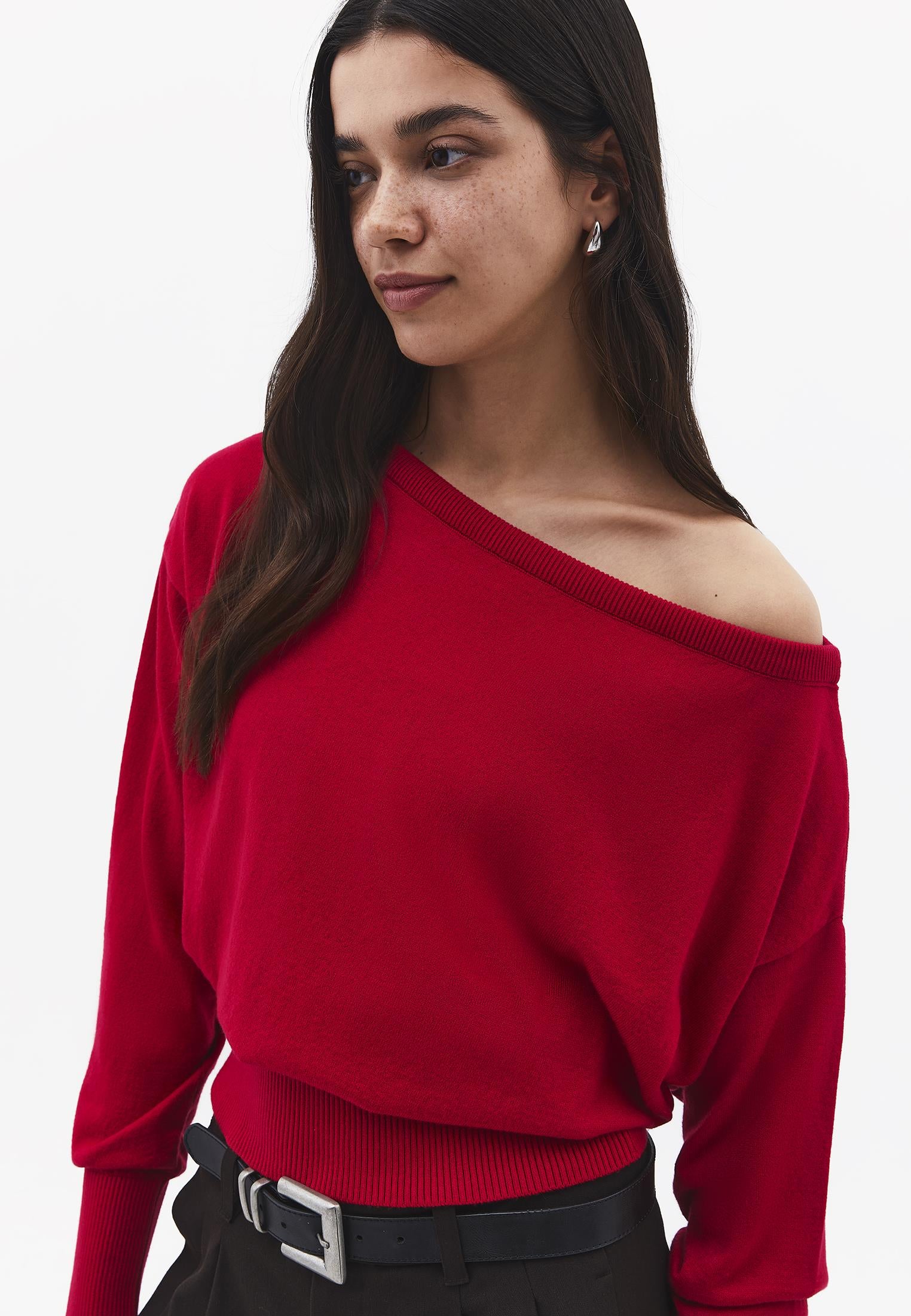 Boat Neck Long Sleeve Sweater - RACING RED