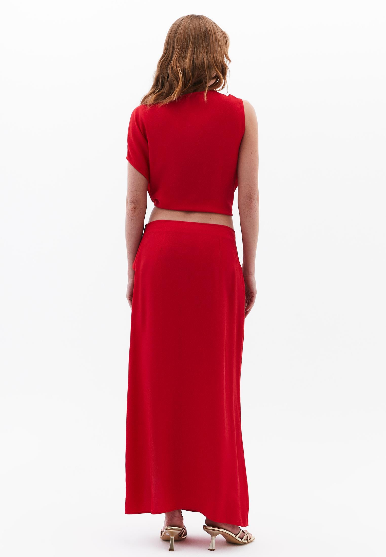 High Waist Long Satin Skirt - RACING RED