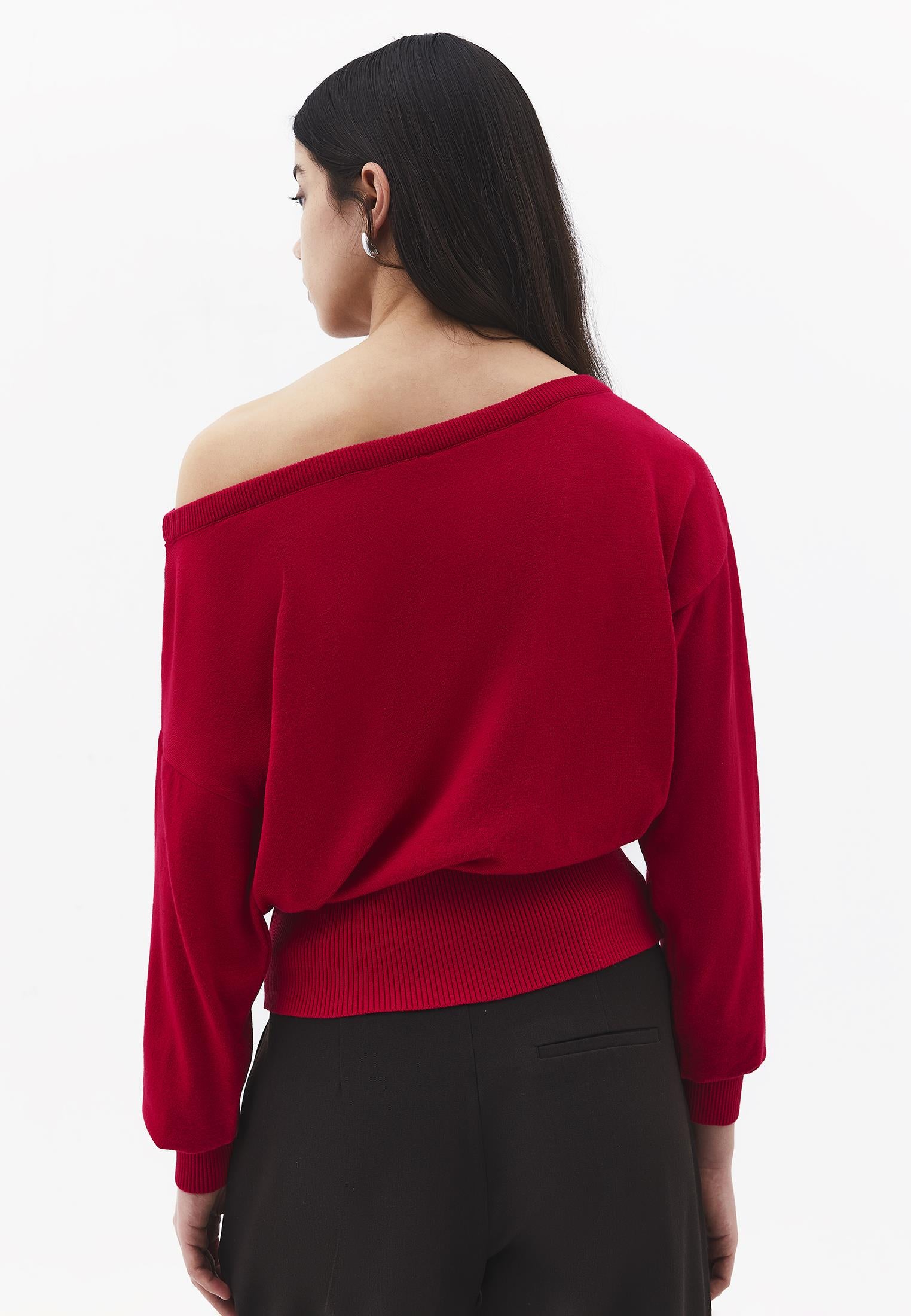 Boat Neck Long Sleeve Sweater - RACING RED
