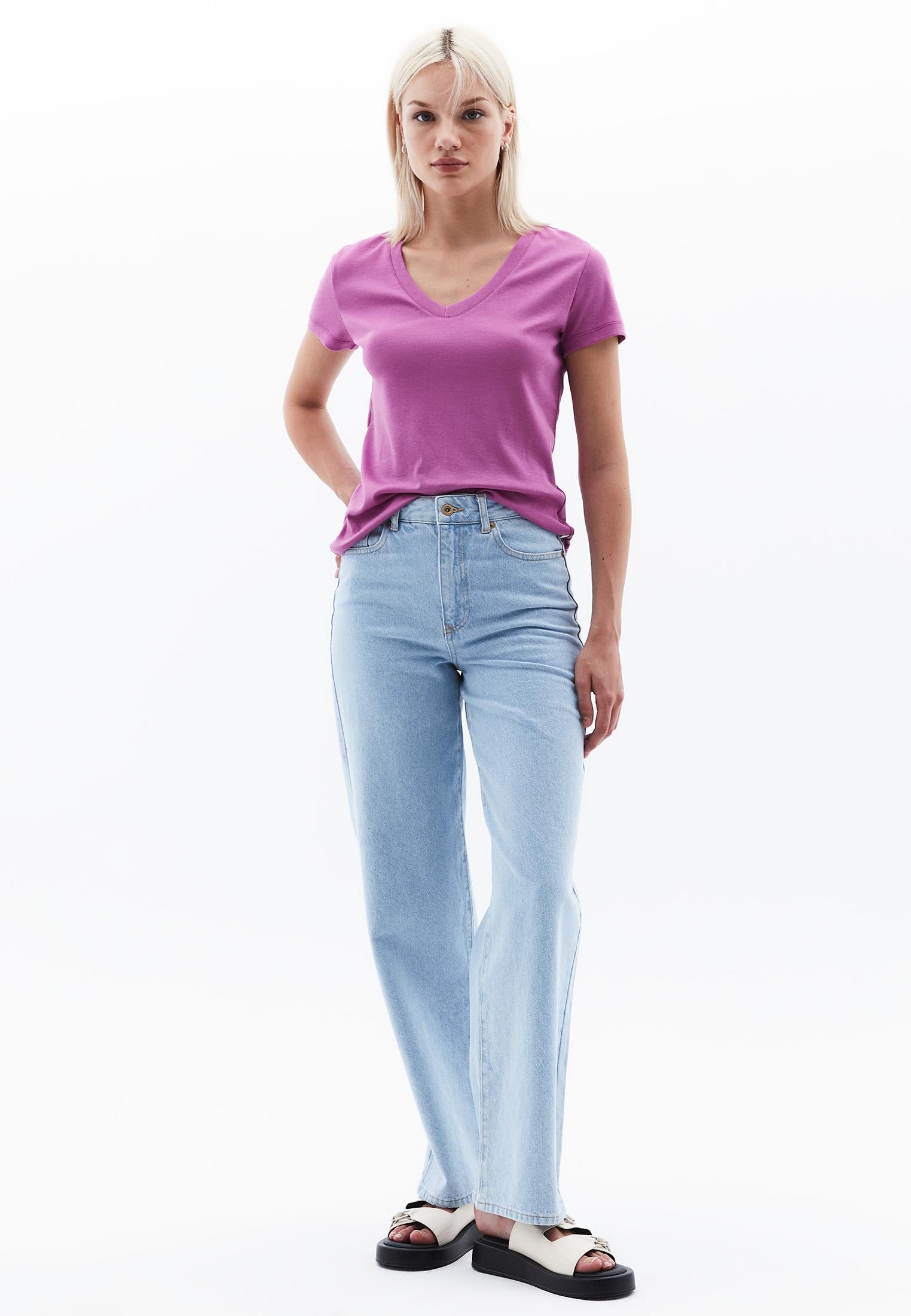 V Neck Short Sleeve Women's T-Shirt - RADIANT ORCHID