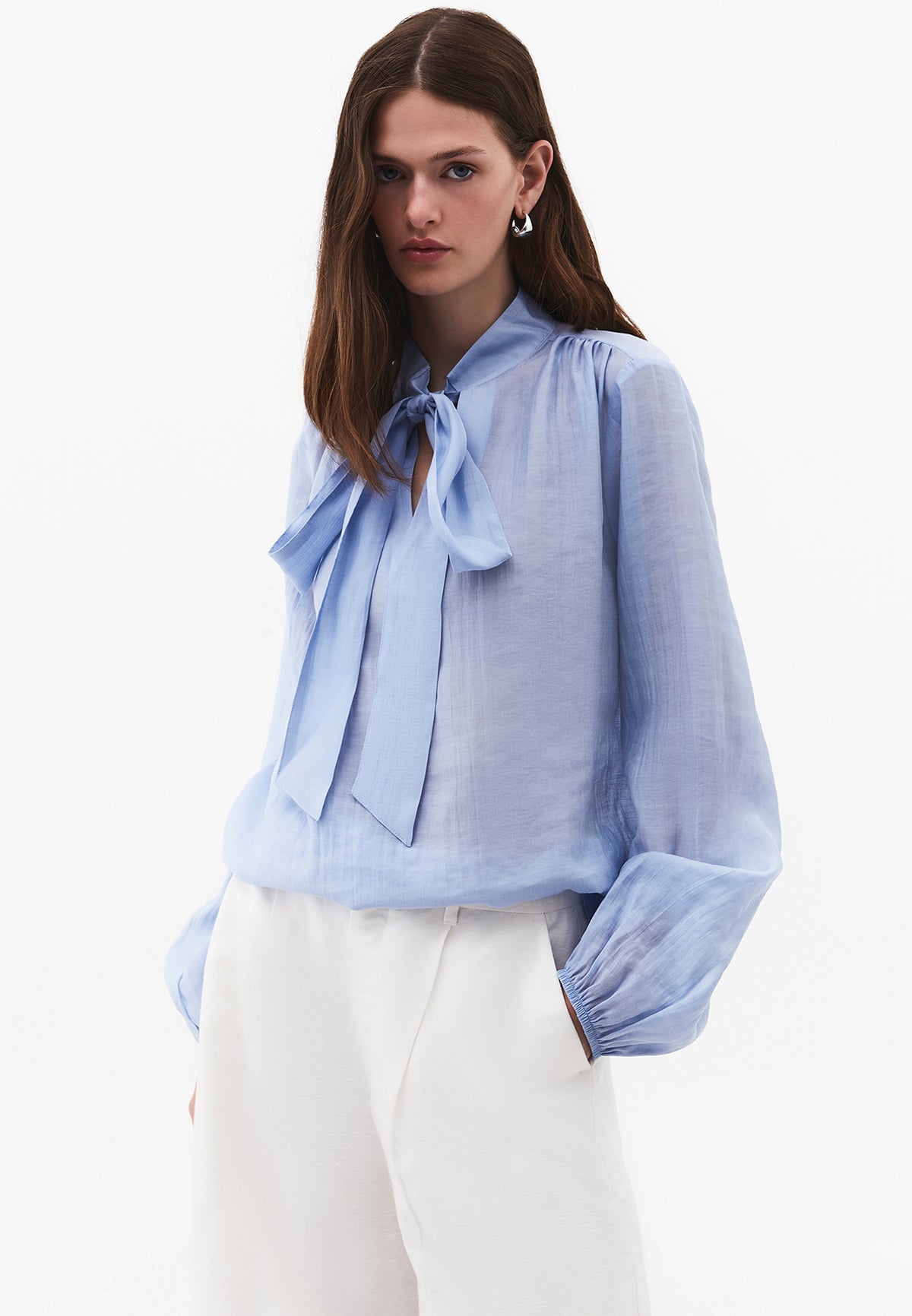 Long Sleeve Deep V-Neck Tie Front Blouse - RAIN WASHED