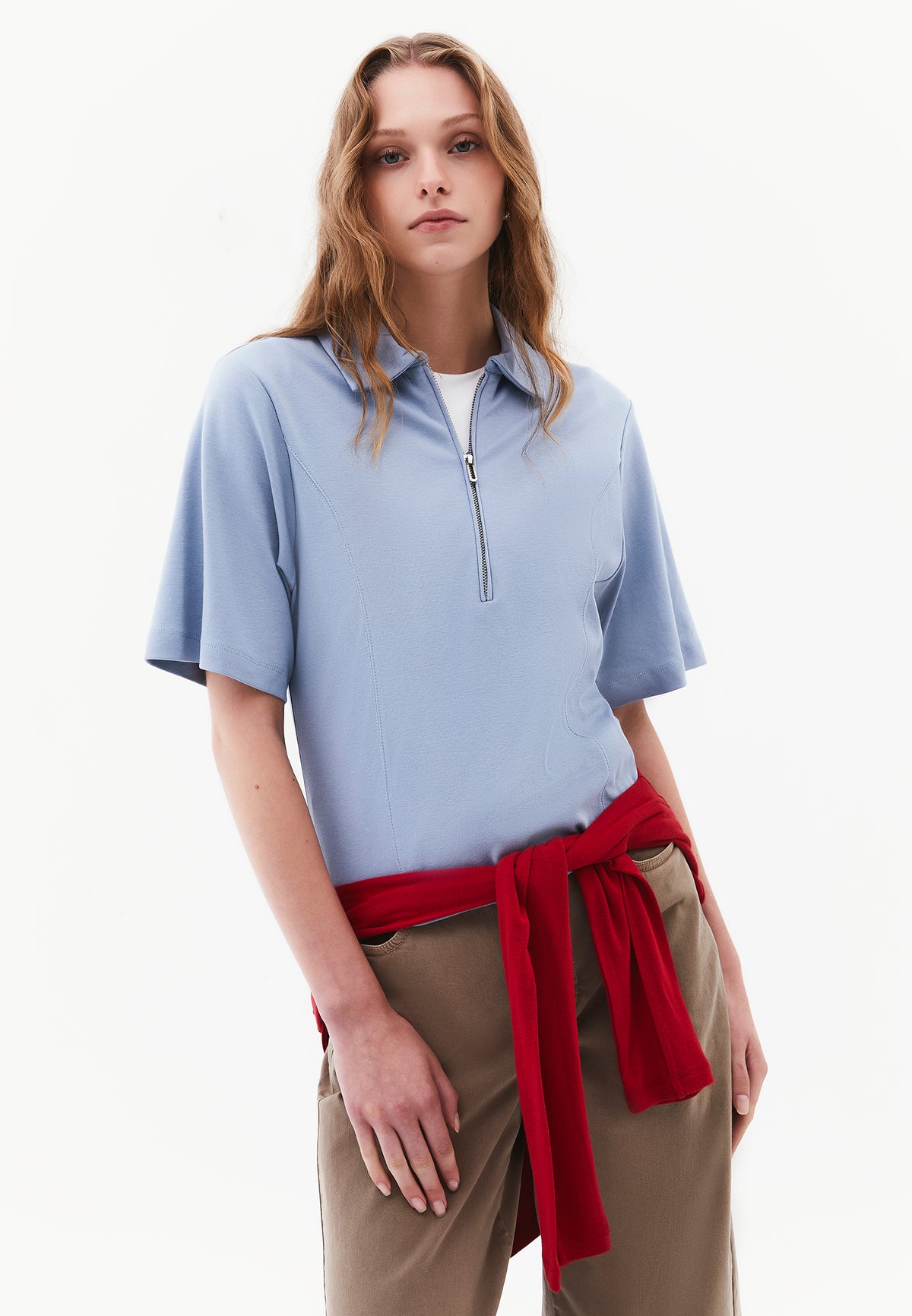 Polo Collar Zip Detailed T-Shirt - RAIN WASHED