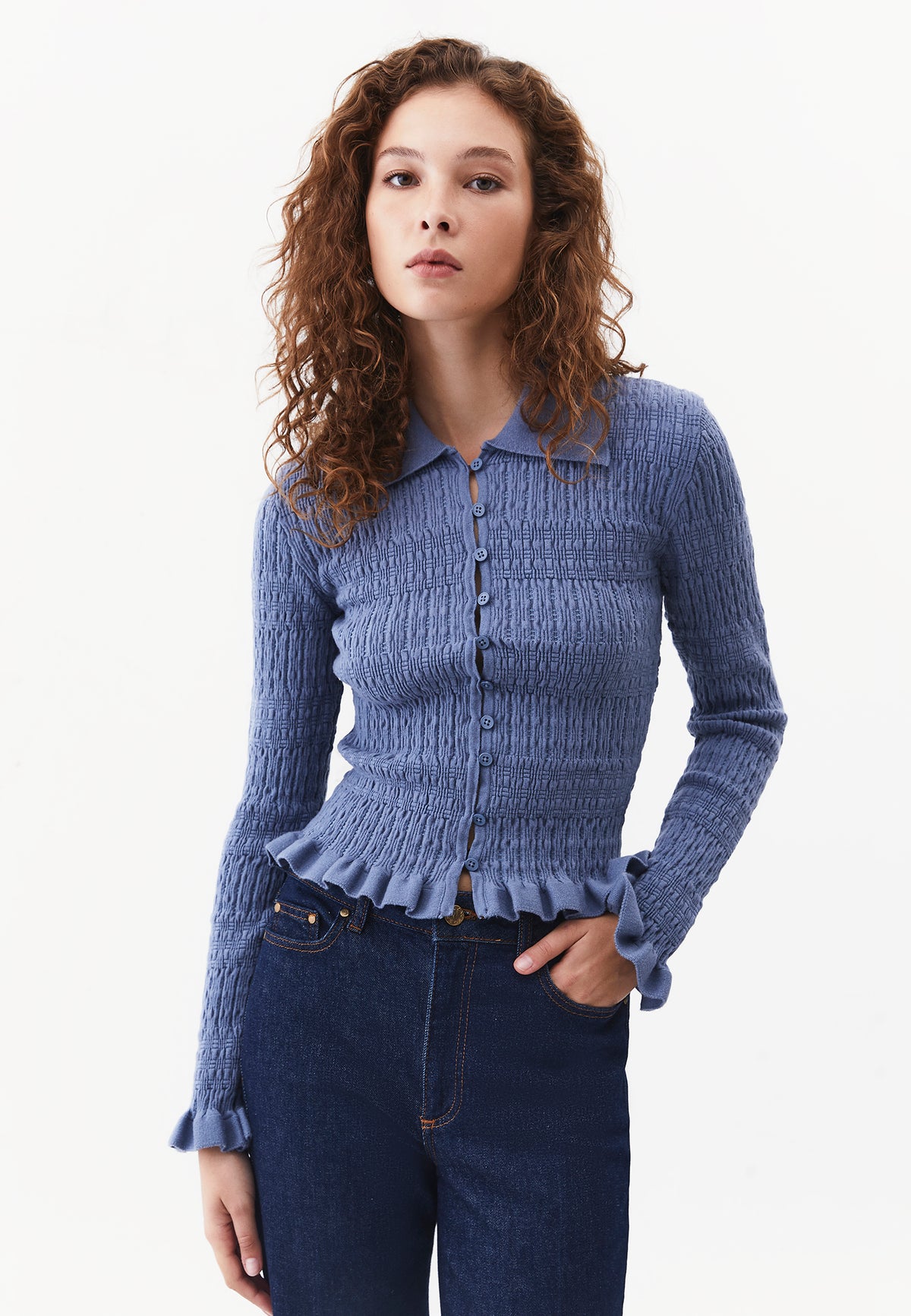 Polo Neck Raglan Sleeve Smocked Knit Cardigan - RAIN WASHED