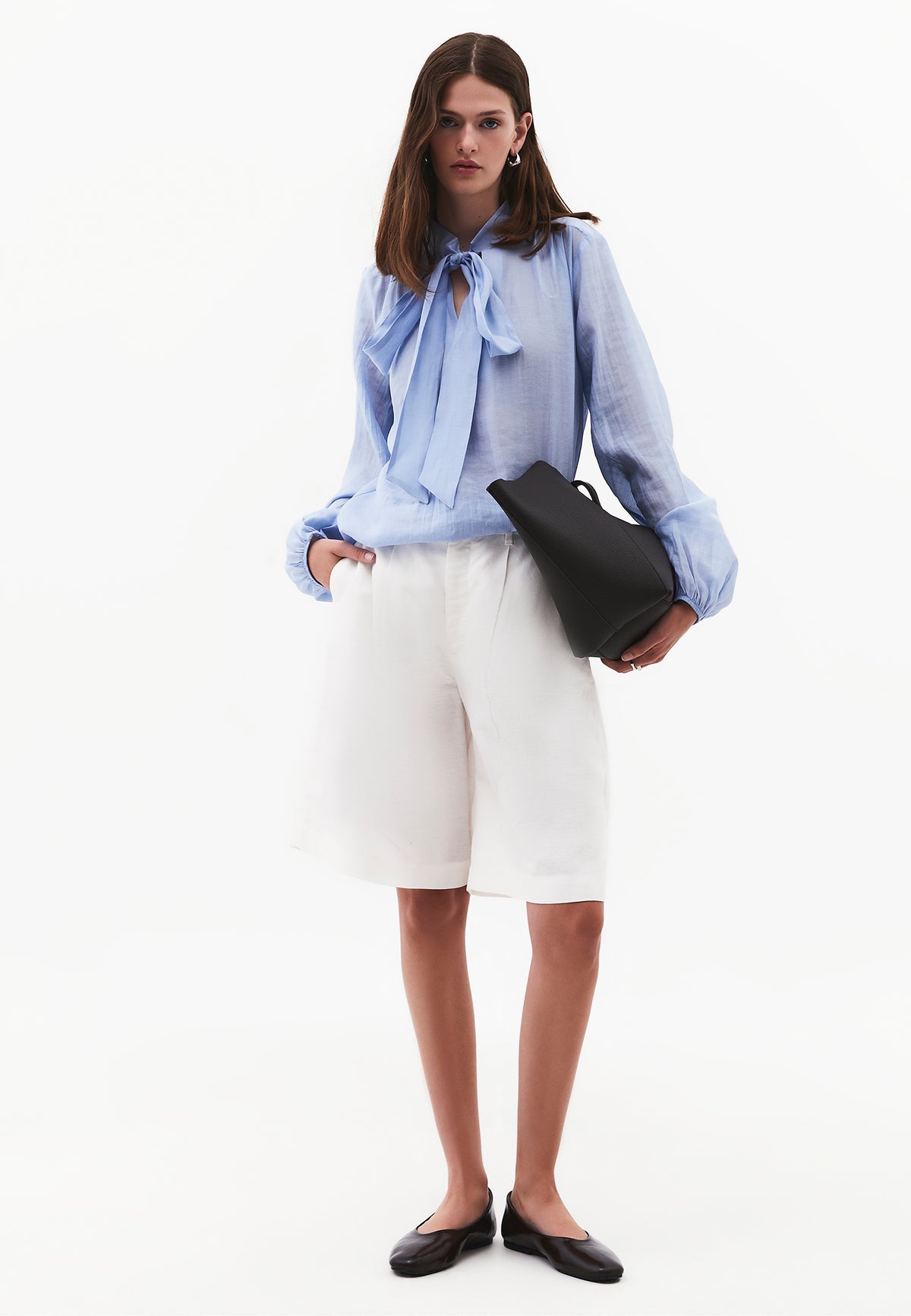 Long Sleeve Deep V-Neck Tie Front Blouse - RAIN WASHED