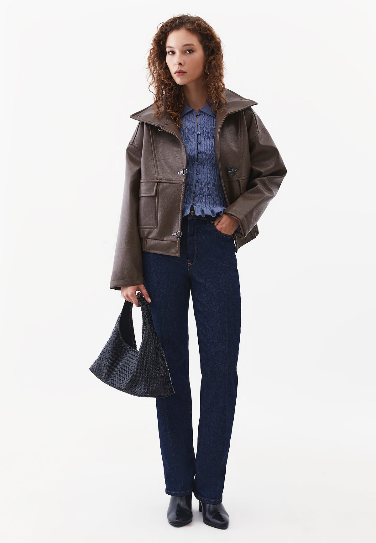 Polo Neck Raglan Sleeve Smocked Knit Cardigan - RAIN WASHED