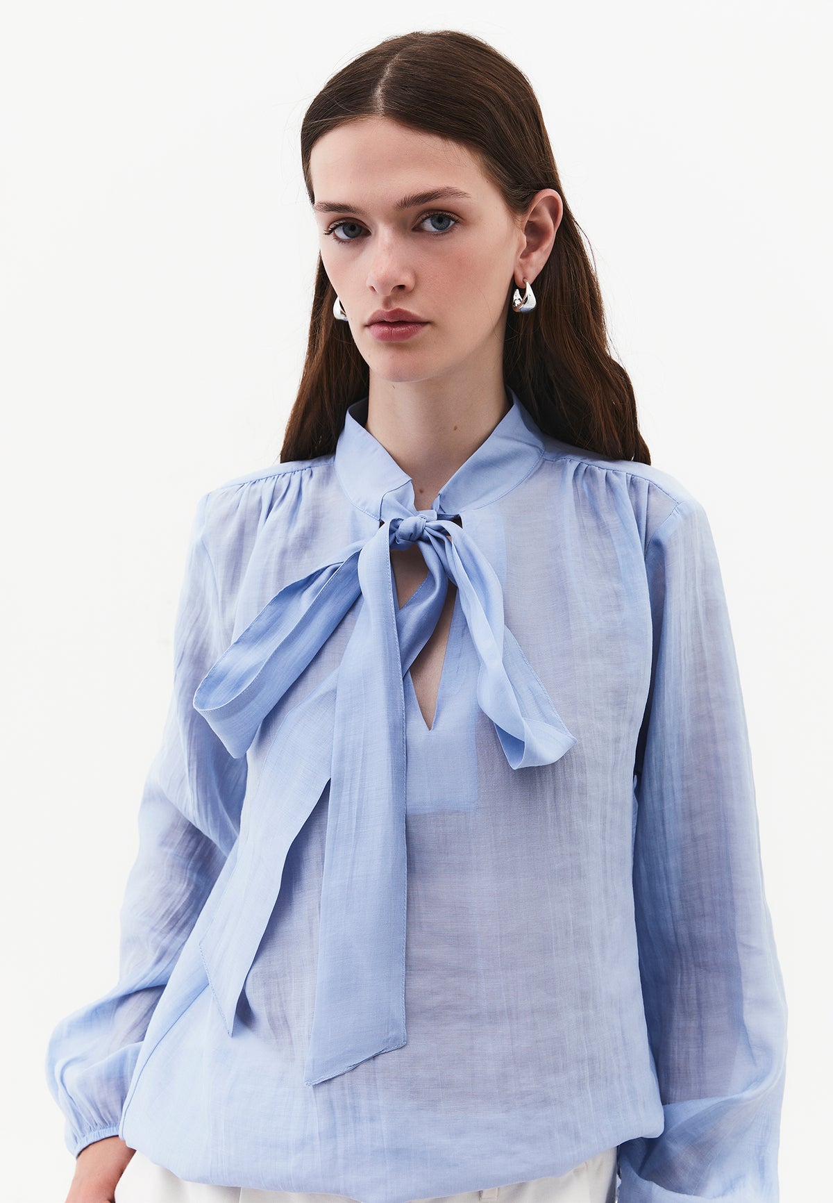 Long Sleeve Deep V-Neck Tie Front Blouse - RAIN WASHED