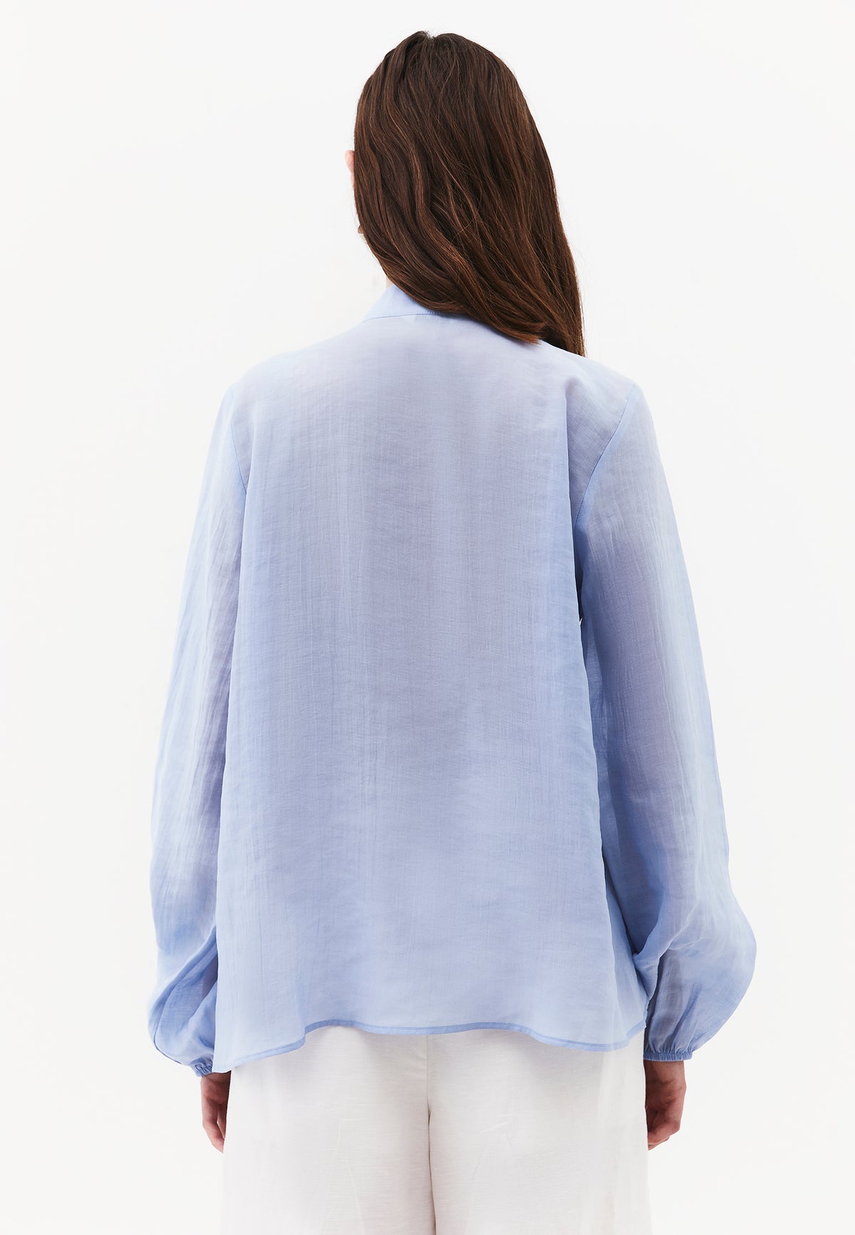 Long Sleeve Deep V-Neck Tie Front Blouse - RAIN WASHED