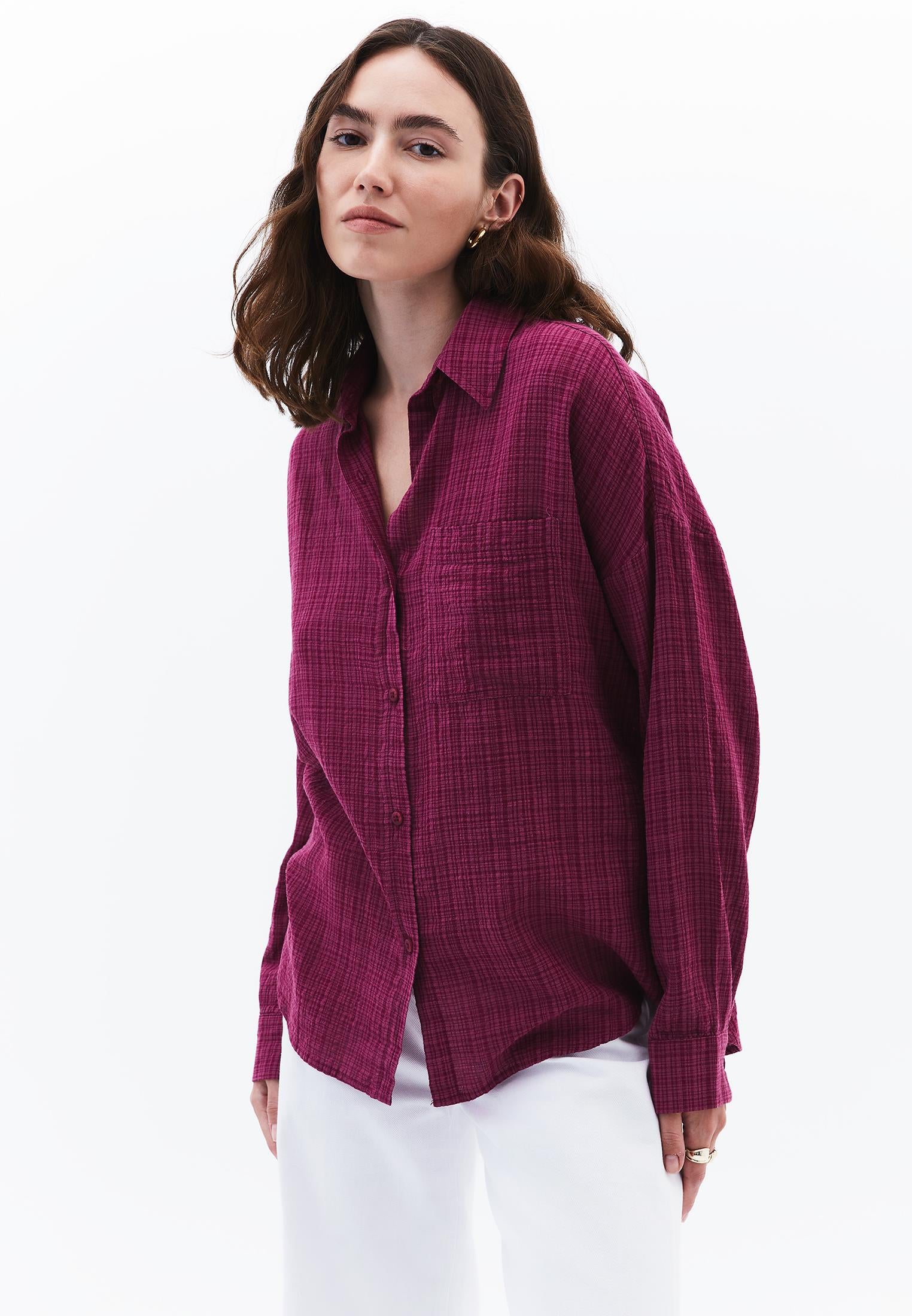 Button Detailed Oversize Long Sleeve Shirt - RASBERRY COULIS