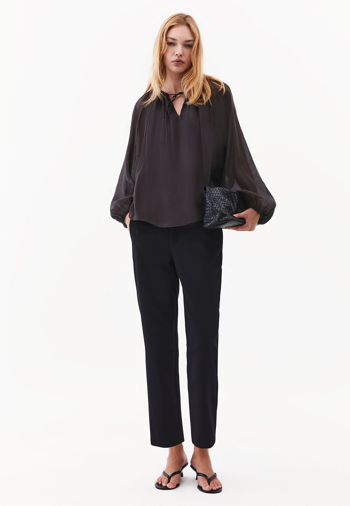 Long Sleeve V-Neck Blouse with Elastic Detailing - RAVEN