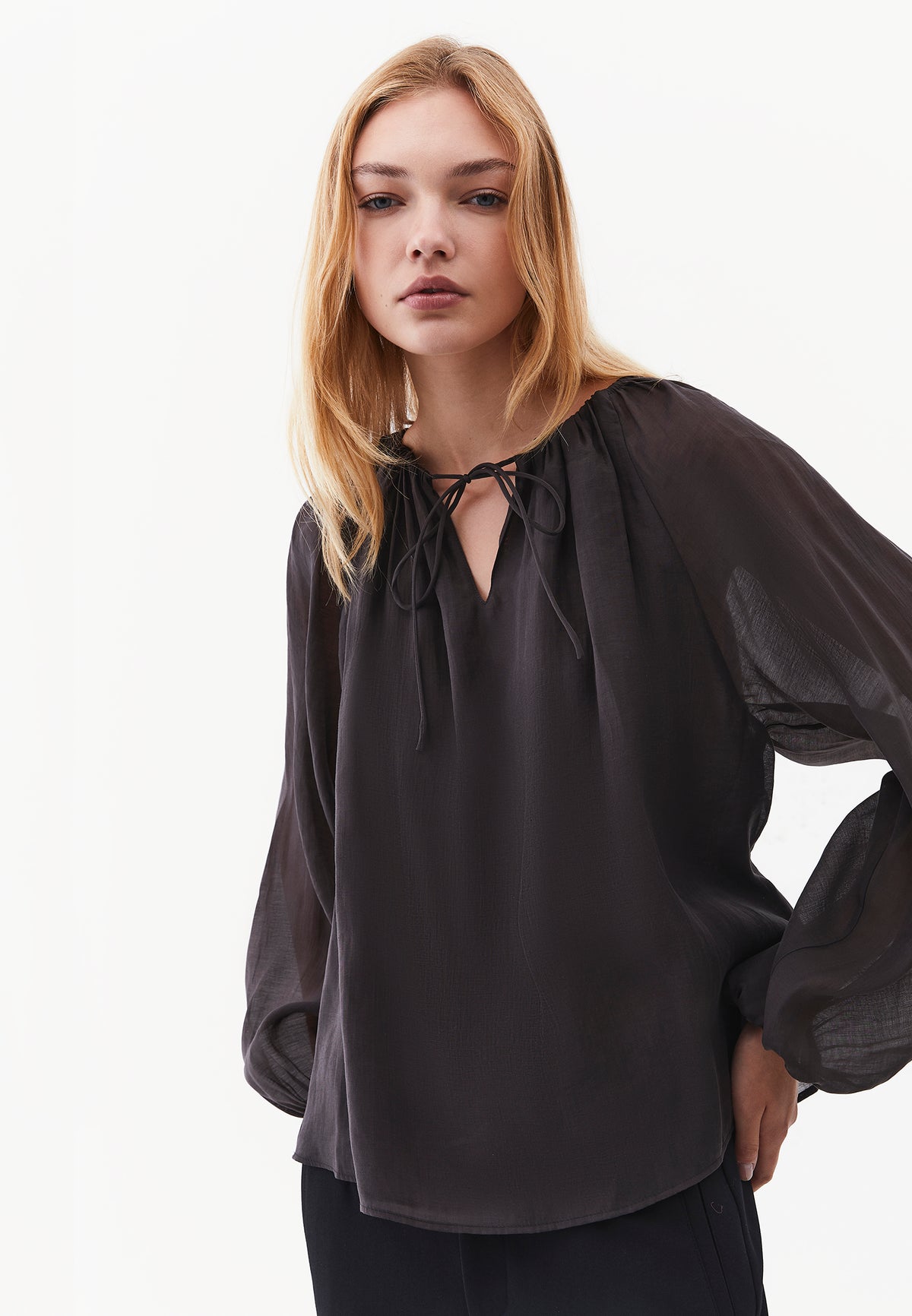 Long Sleeve V-Neck Blouse with Elastic Detailing - RAVEN
