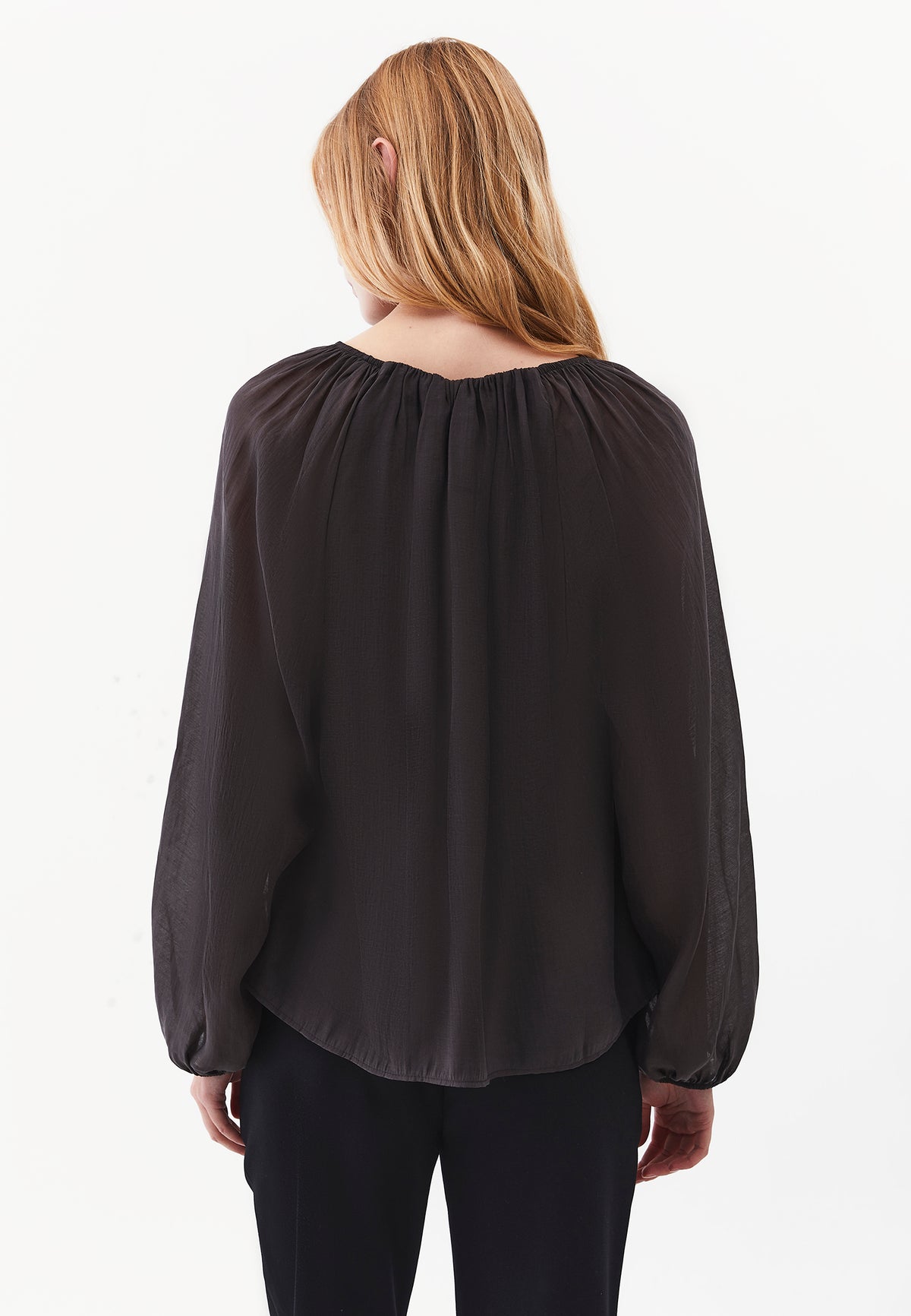 Long Sleeve V-Neck Blouse with Elastic Detailing - RAVEN