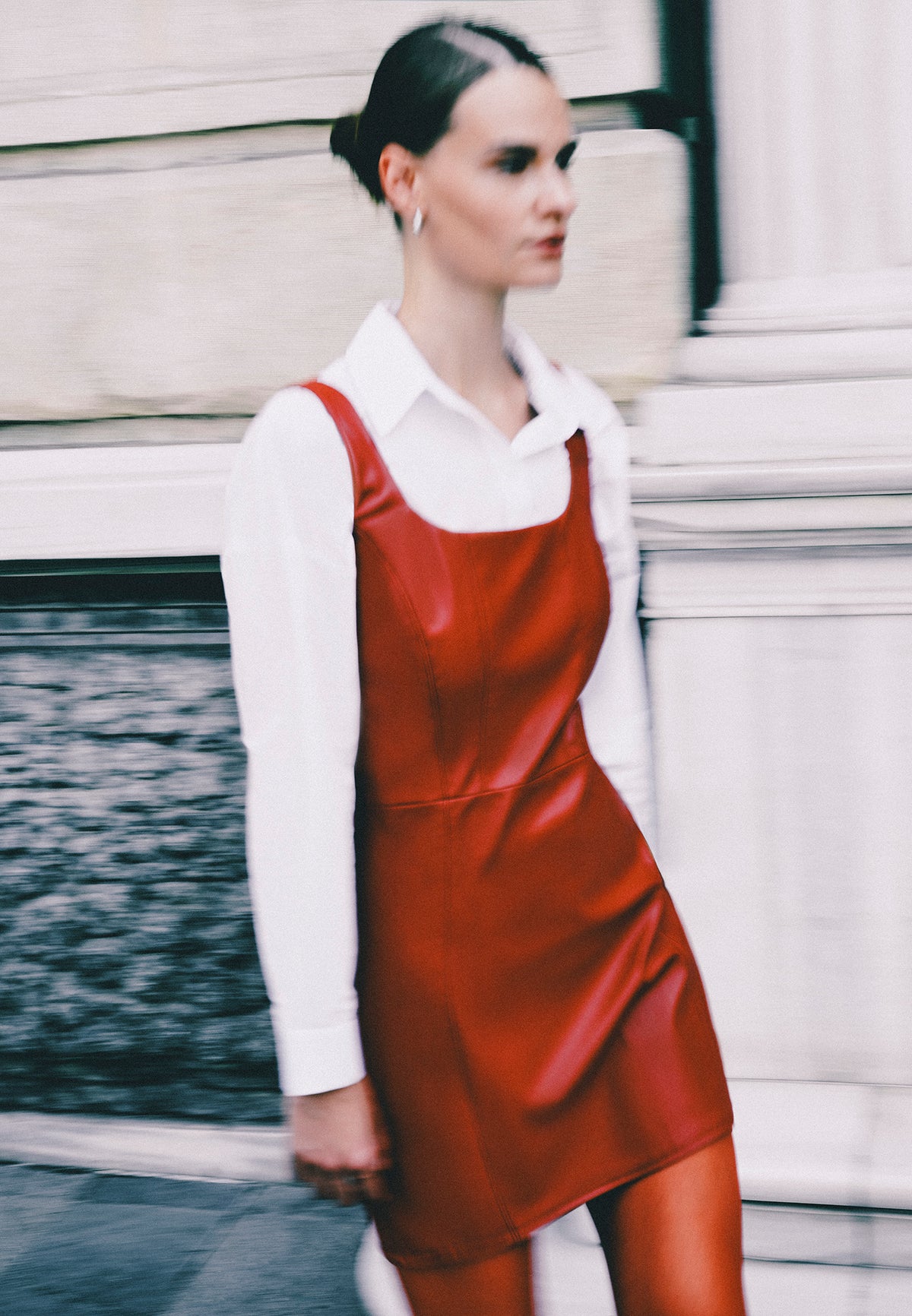 Square Neck Sleeveless Short Leather Dress - RIO RED