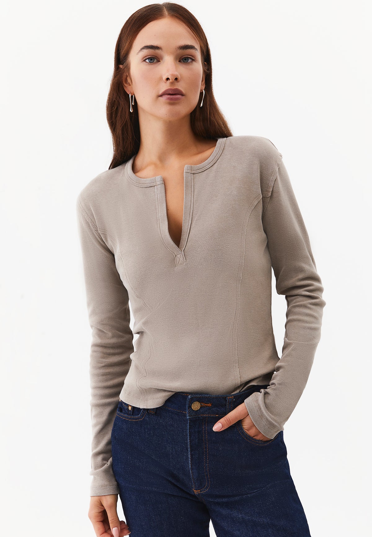 V-Neck Cut-Out Long Sleeve T-Shirt - ROASTED CASHEW